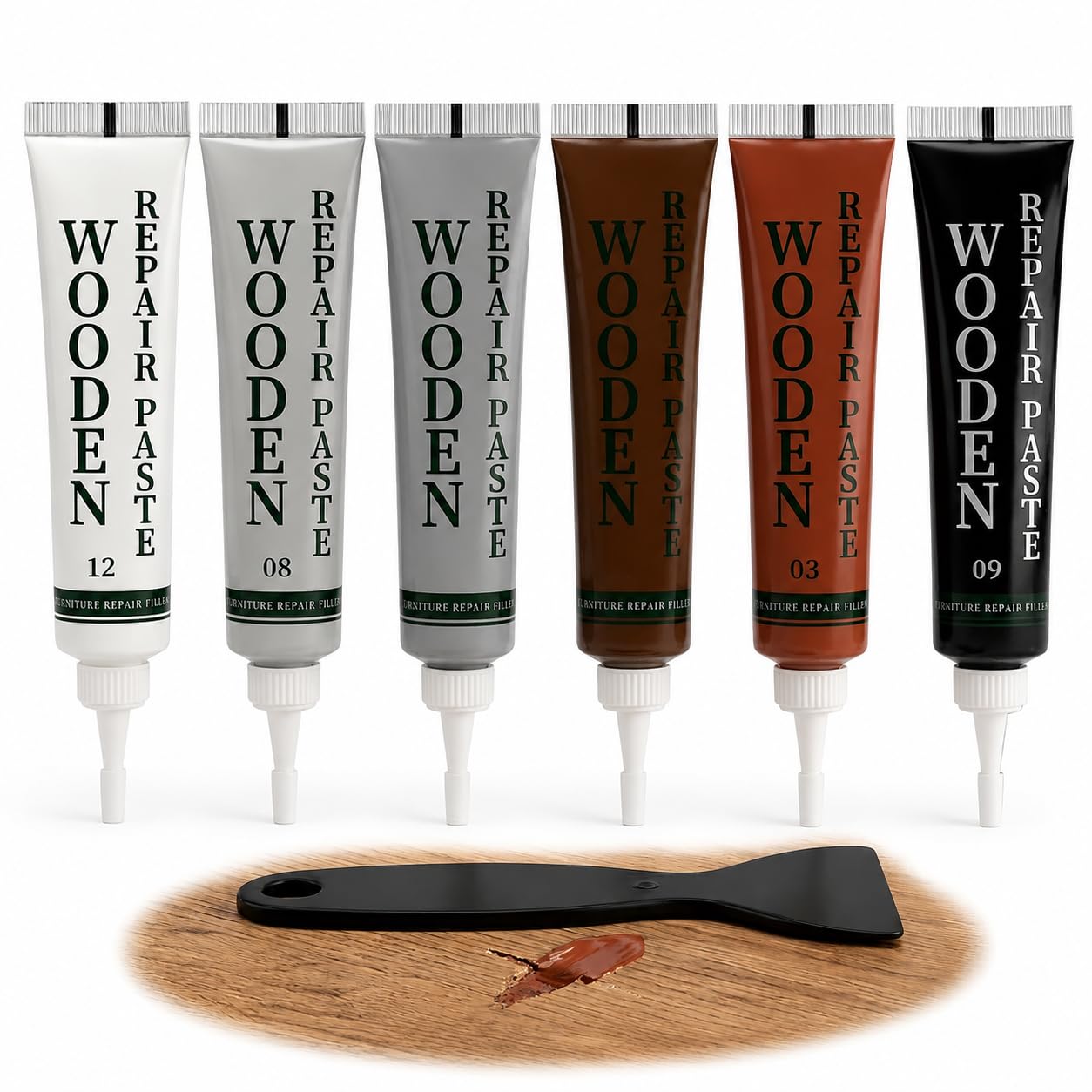 6 Pcs Wood Furniture Repair Kit with Scraper, Maple, Teak Walnut Black Dark Grey Light Grey Touch Up Fillers for Laminate Floor, Cabinet, Door, Table Scratches, Cracks and Holes, Easy to use