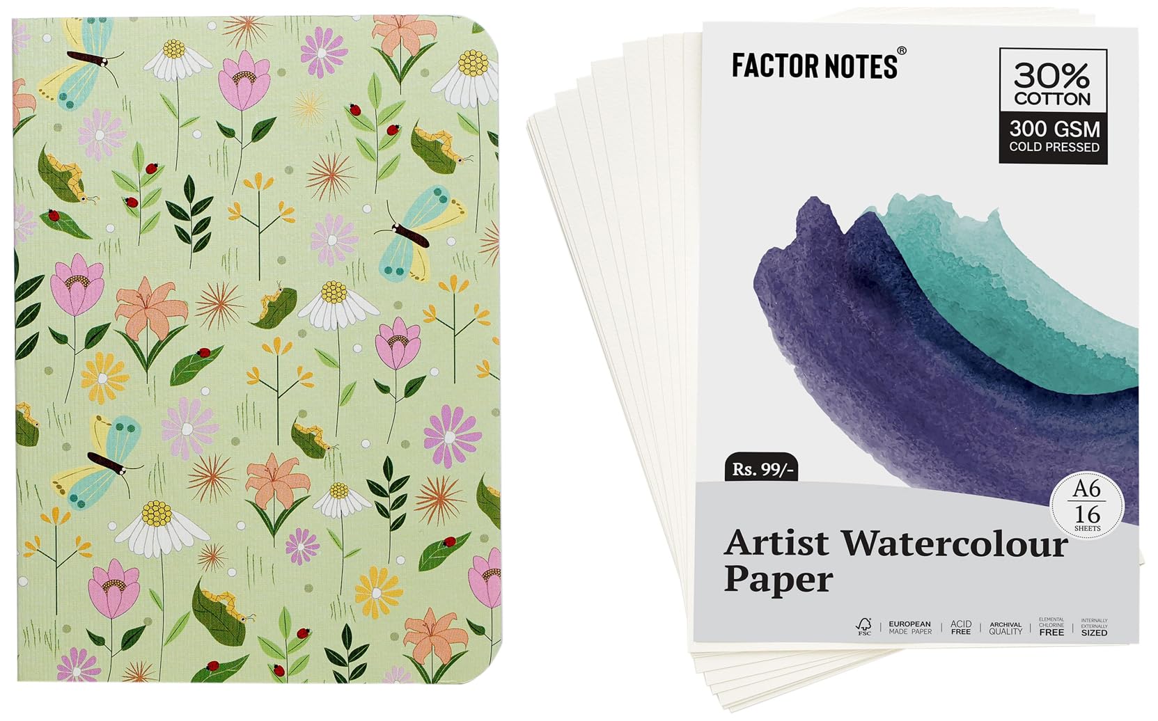 Factor Notes Sketchbook: A6 Pocket Sized, 120 GSM (Budding Life) & Factor Notes A6 Watercolour Sheet: 300 GSM|30% Cotton | 16 Sheets | Cold-Pressed|AcidFree (B0C3RKGWV9) Amazon Price History, Amazon Price Tracker