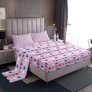 Feelyou Heart-Shaped Bed Sheet Set for Kids Girls Colorful Love Pattern Fitted Sheet Caring Gift Bedding 1 Sheet & 1 Flat Sheet & 1 Pillowcase Twin Size