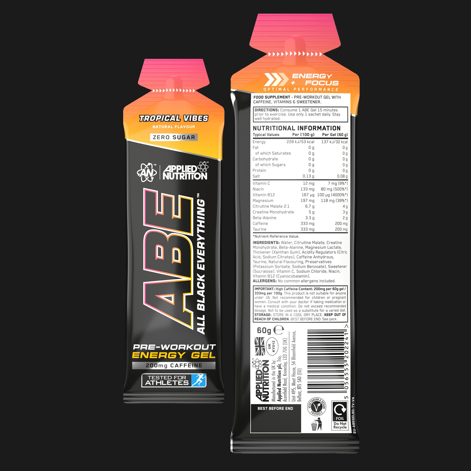 Applied Nutrition ABE Pre Workout Gel – All Black Everything Pre Workout Gel, energia i wydajność fizyczna z cytruliną, kreatyną, beta alaniną (20 x 60 ml żele) (Tropical Vibes)