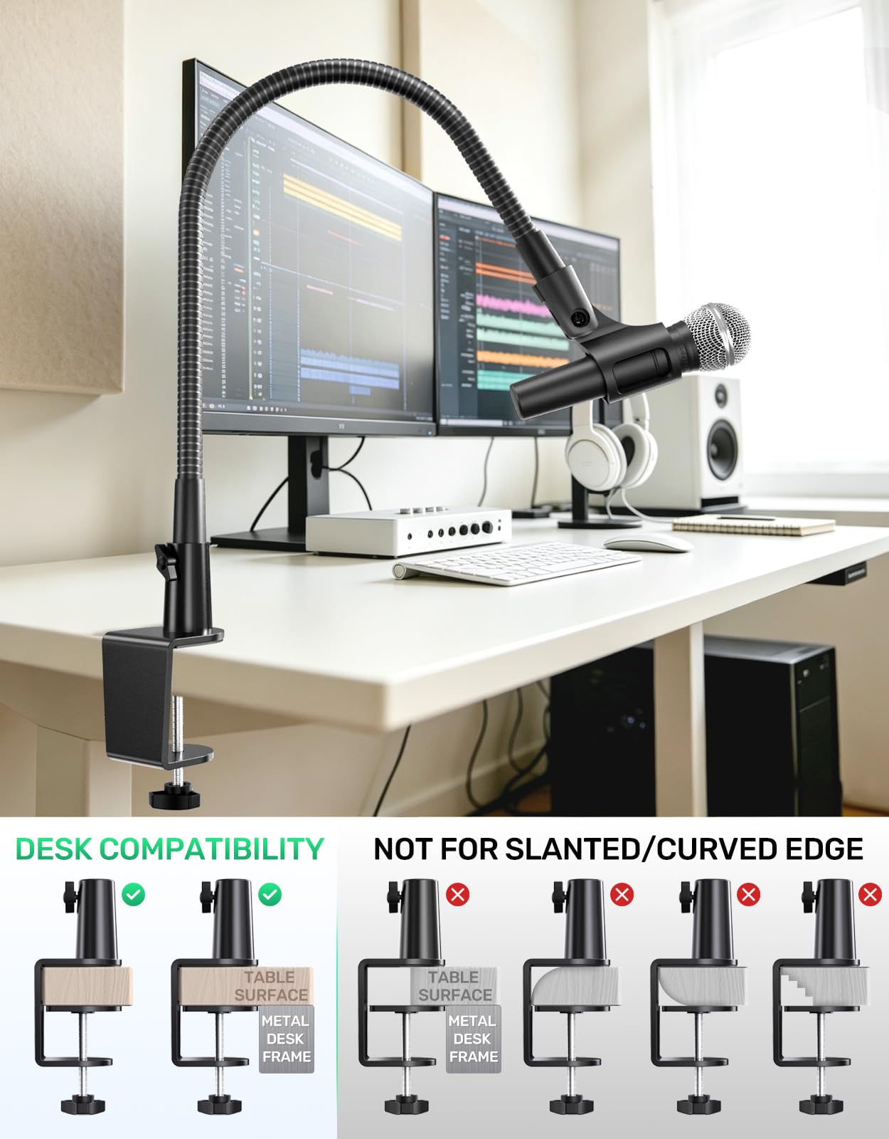 Flexibler Schwanenhals-Mikrofonständer mit Tischklemme, robust, mit 2 Mikrofonhaltern, 0,6 cm und 0,95 cm Adapter, für Gaming, Live-Streaming, Podcast, Konferenzen und Podium, 48,3 cm (19 Zoll)