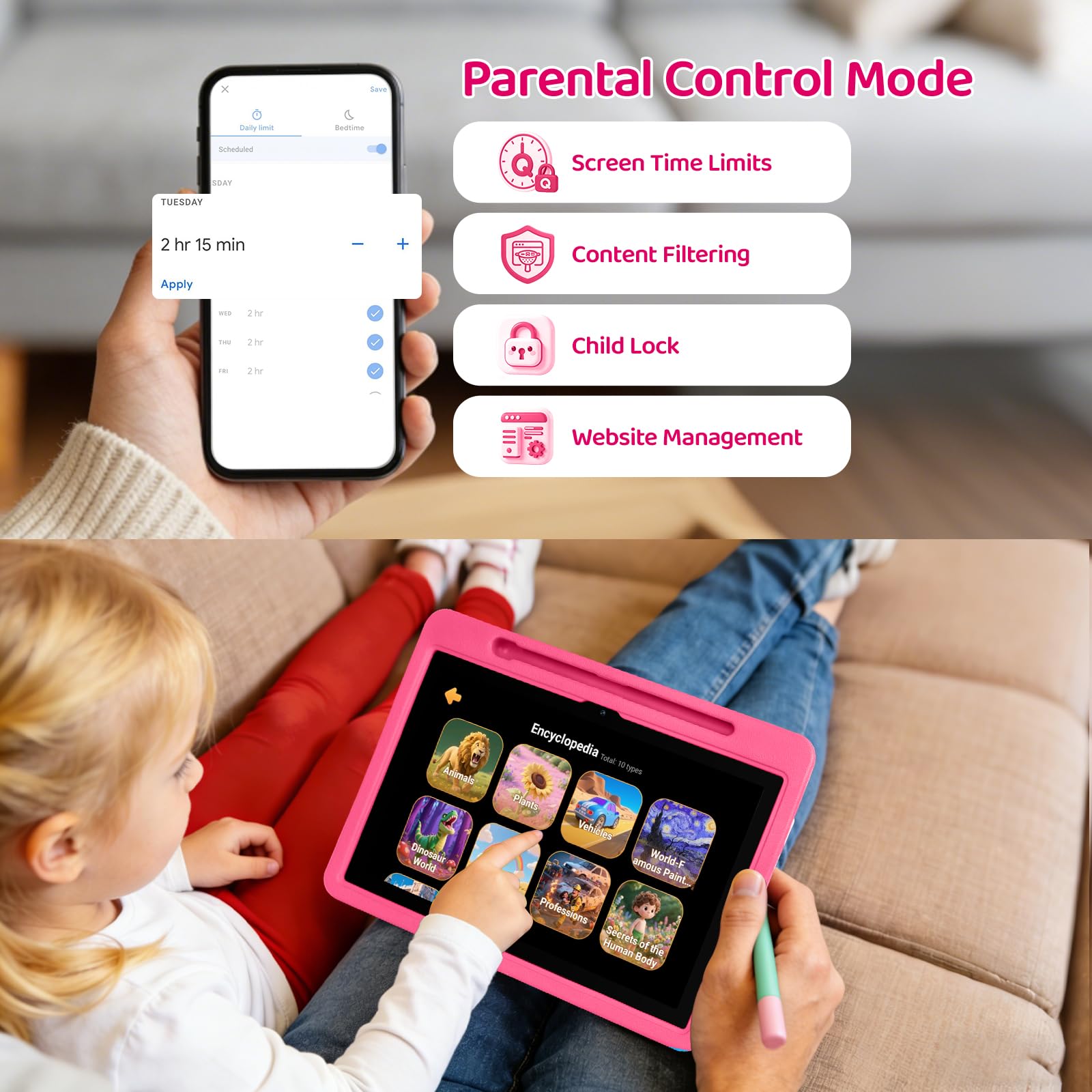 Tablet Bambini Android 16 Pollici 10, 20GB RAM 1TB TF, Batteria 6000mAh, WiFi 6/BT 5.3 - Rosa