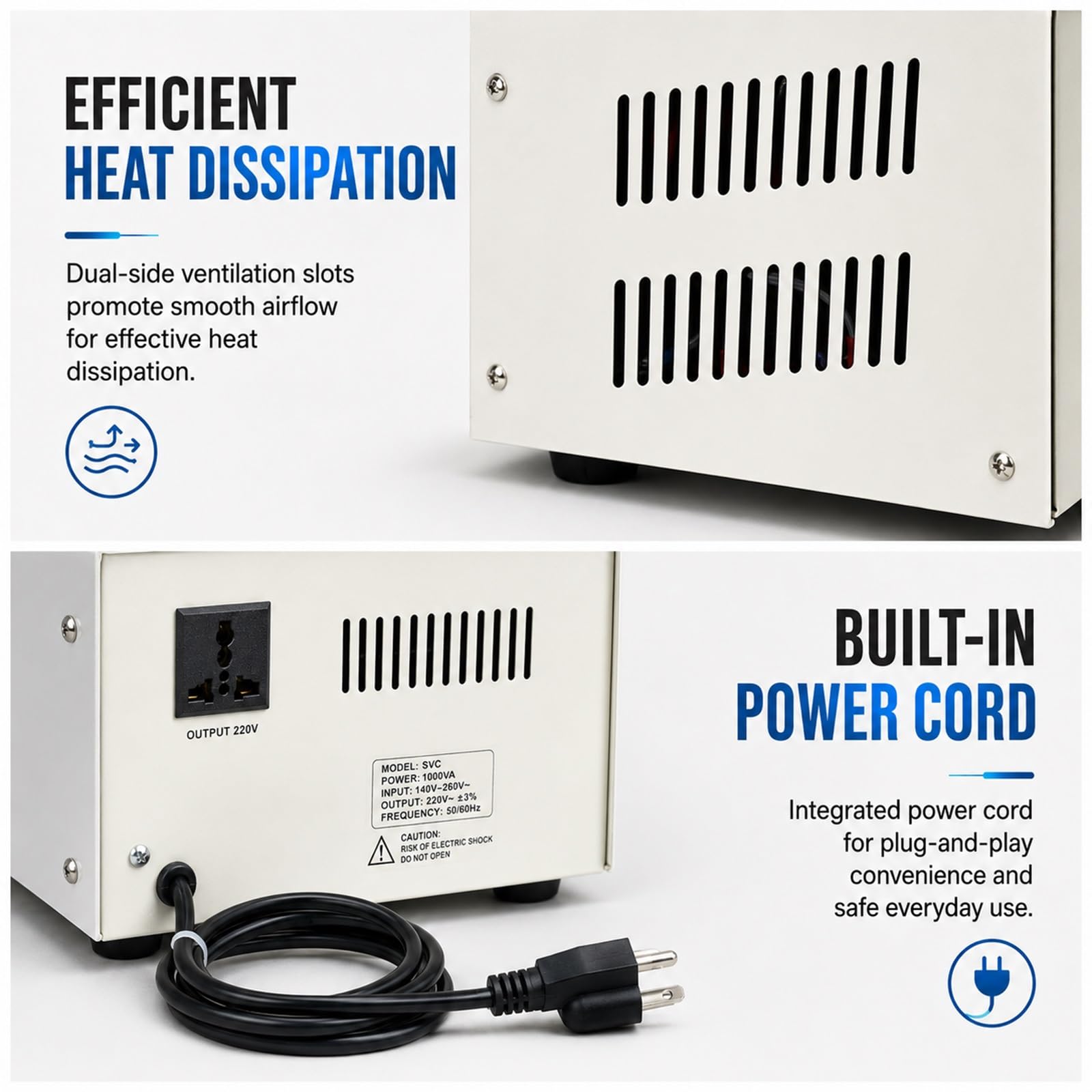Regulador de Voltaje Automático Alta Precisión Estabilizador 110V/220V | Convertidor de Voltaje Entrada 160V-240V Protección Segura Continua para Electrónica PC TVs y Refrigeradores(1000VA)