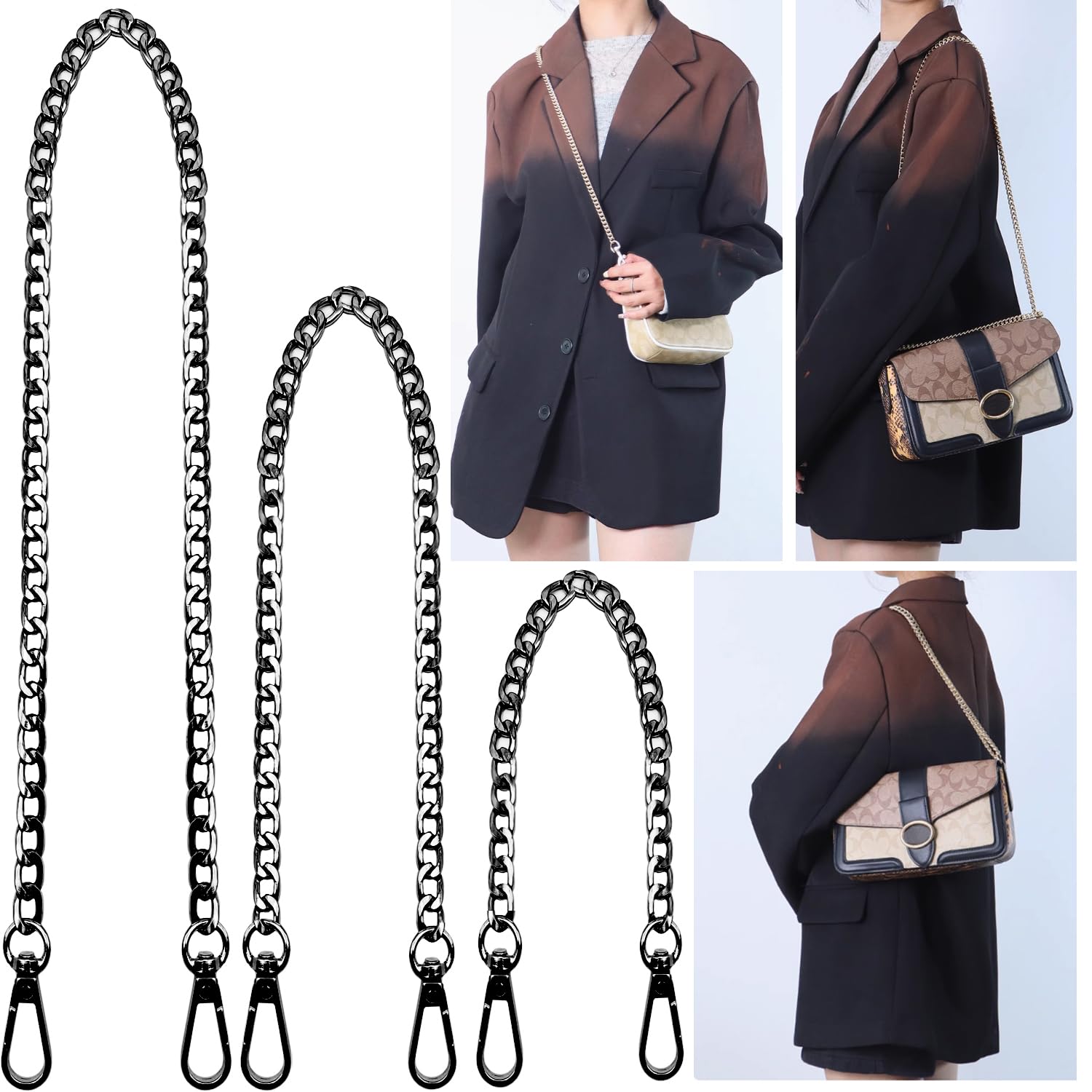 Hongbaite 3 Pack Black (45cm+95cm+125cm) Bag Chains for Womens Handbags, DIY Crossbody Bags Chain Extender Strap with Clasp Buckles