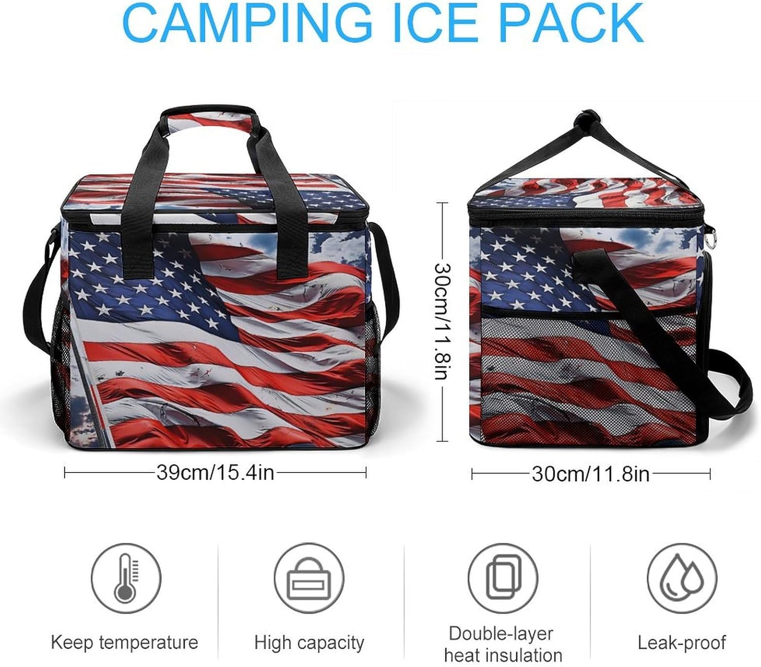 Large Capacity Oxford Cloth US Flag Printed Camping Ice Bag, Outdoor Portable Insulation and Cooling Bag, Suitable for Outdoor Camping and Picnics