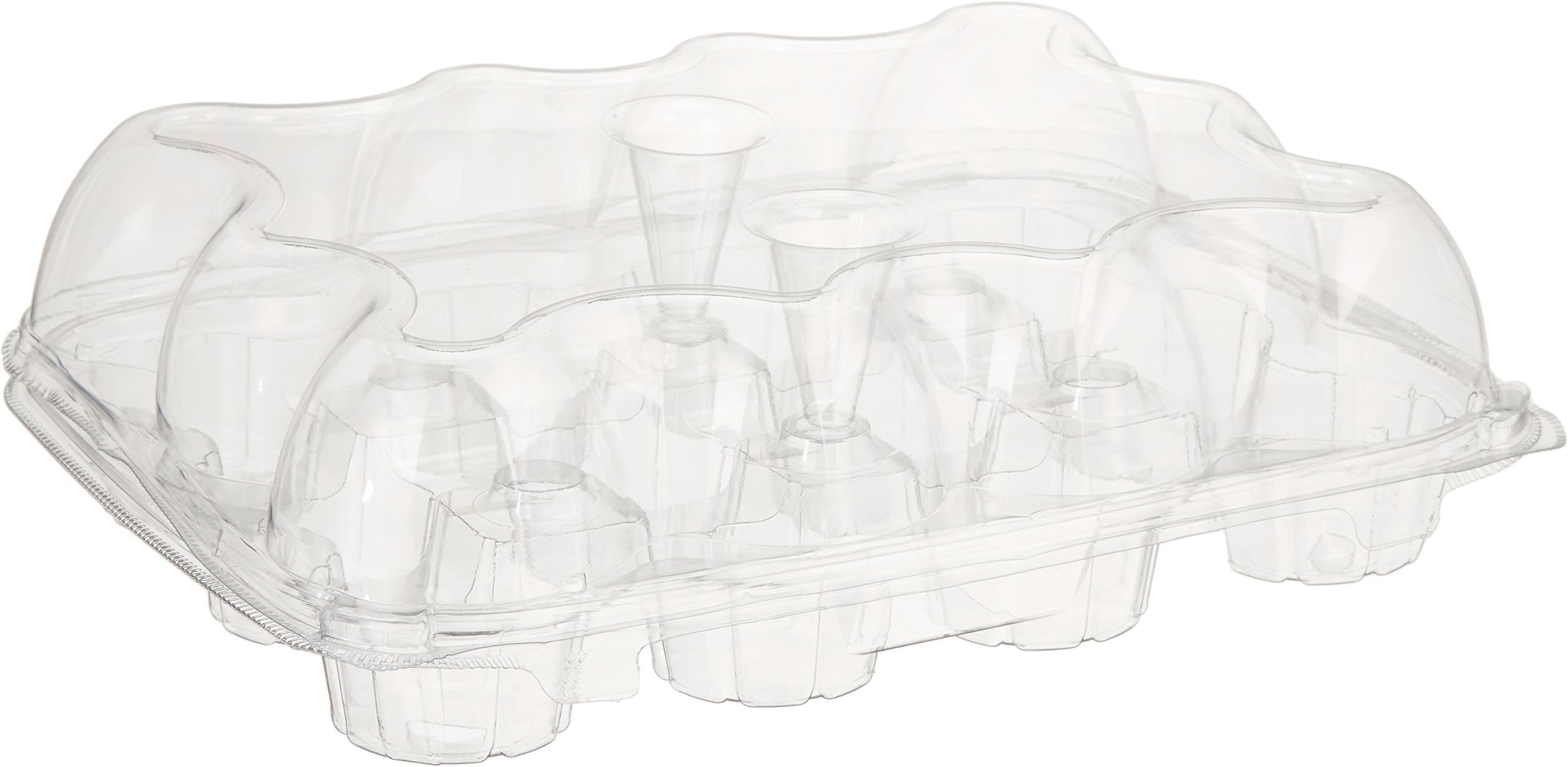 12-Compartment Hinged High Dome Clear Cupcake Container, Clear, 6-Pack