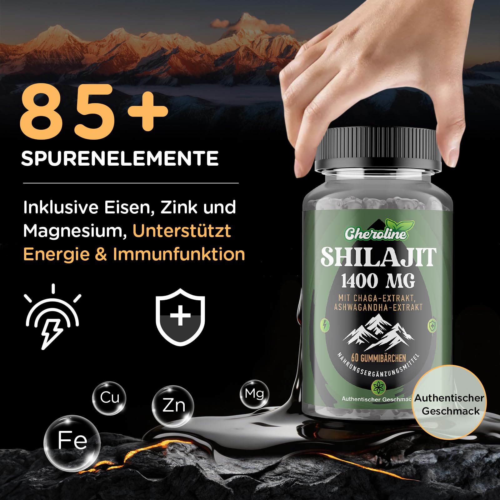 Gomitas de Shilajit 1400 mg, con Extractos de Chaga y Ashwagandha, Veganas y sin Azúcar (60 Unidad (Paquete de 2))