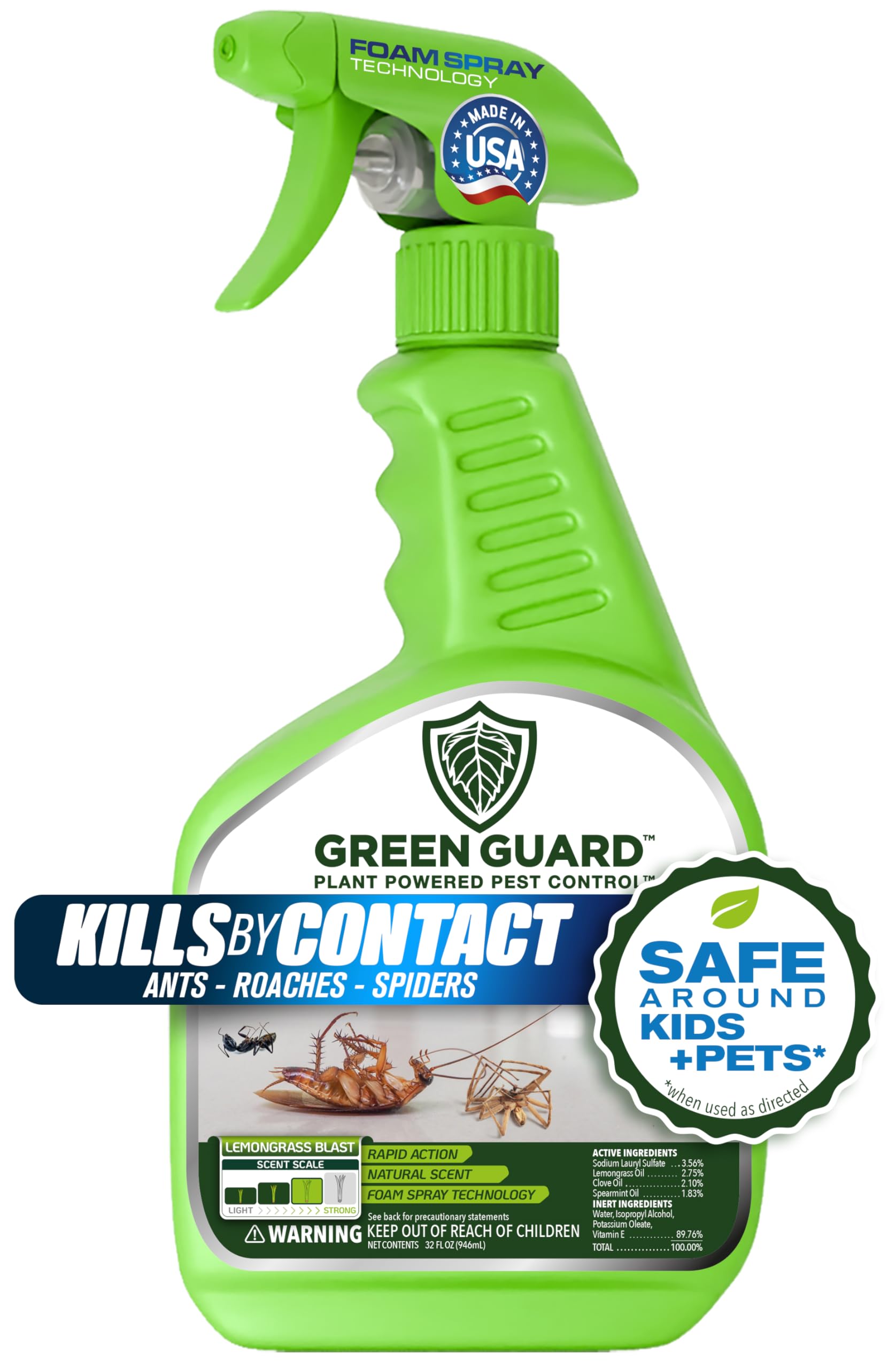 Green Guard Pest Control Spray - Indoor & Outdoor Killer of Ants, Roaches, Spiders & Other Crawling Insects, Safe Around Children & Pets, Plant-Based, Pleasant Scent (Lemongrass Blast, 32 oz)