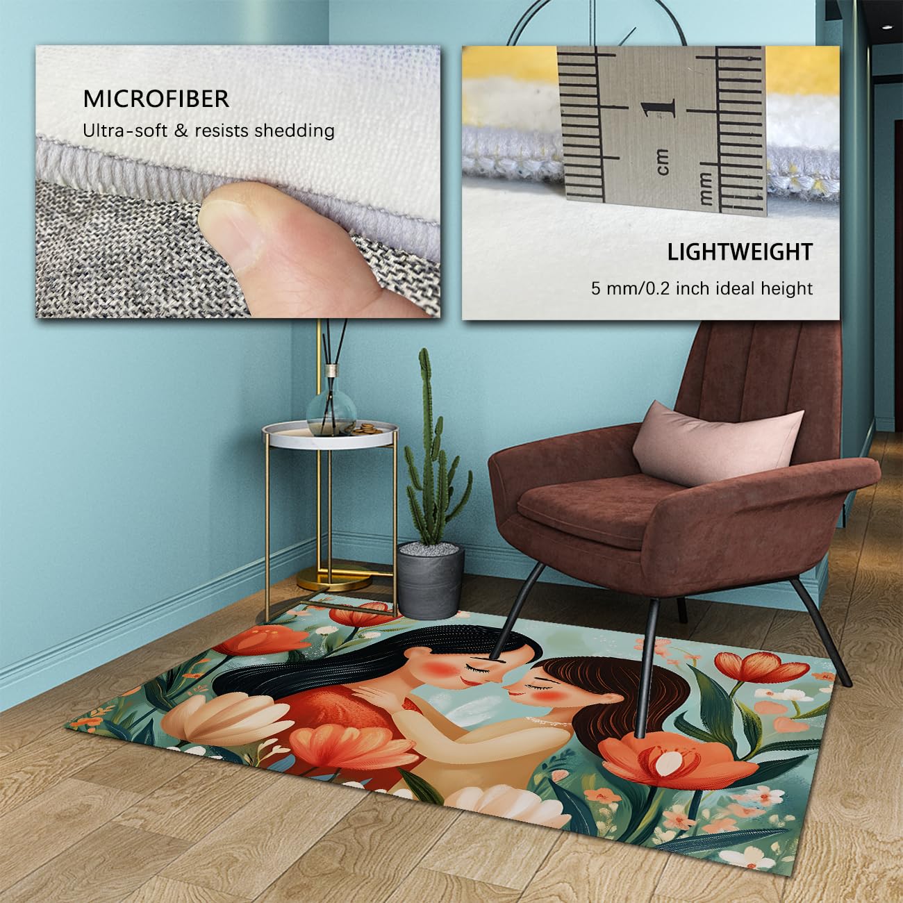 Dywan 160 x 200 cm macierzyństwo uściski między mamą i córką Obszar kwiatowy tulipan maszyna zmywalna mata antypoślizgowa dla noworodka duża cienka odporna na plamy