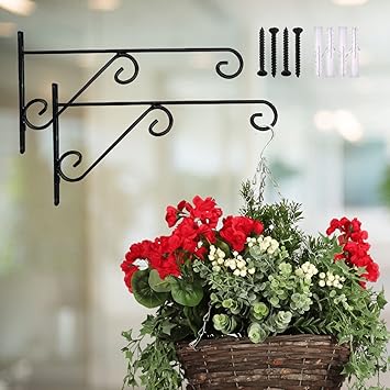 ecofynd 2 Pack Metal Wall Hook Hanging Plant Bracket | Decorative Straight Plant Hanger for Pots, Bird Feeders, Planters, Lanterns, Cotton, Wind Chimes Indoor Outdoor, Black - image, photos