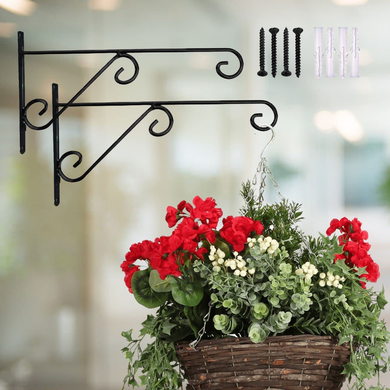 ecofynd 2 Pack Metal Wall Hook Hanging Plant Bracket | Decorative Straight Plant Hanger for Pots, Bird Feeders, Planters, Lanterns, Cotton, Wind Chimes Indoor Outdoor, Black