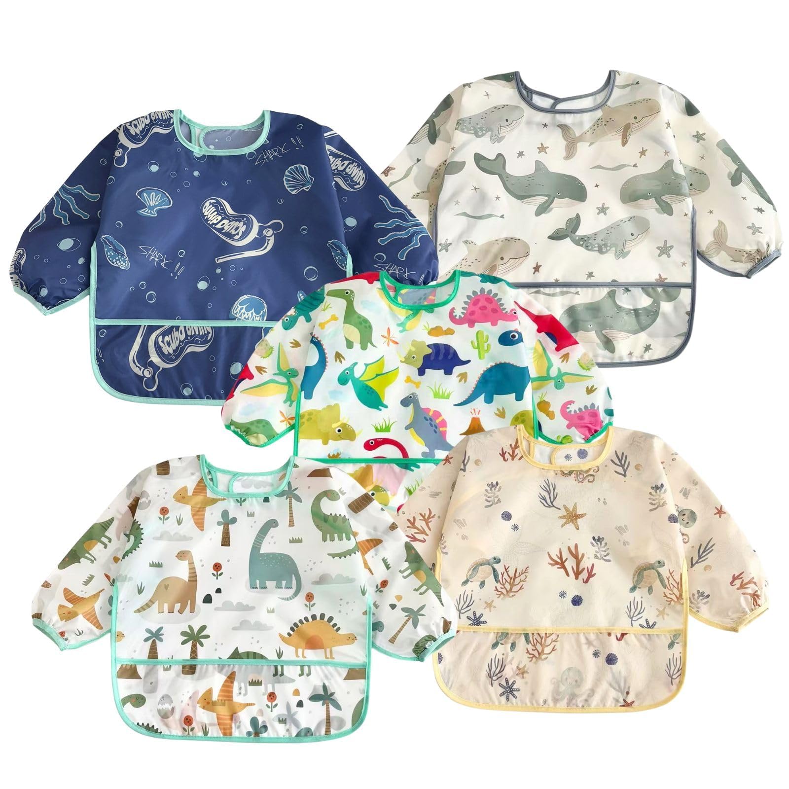 PandaEar - 5 Pack Baby Long Sleeve Waterproof Full Sleeve Bibs for Babies 6-36 Months - Ocean Dinosaur Style