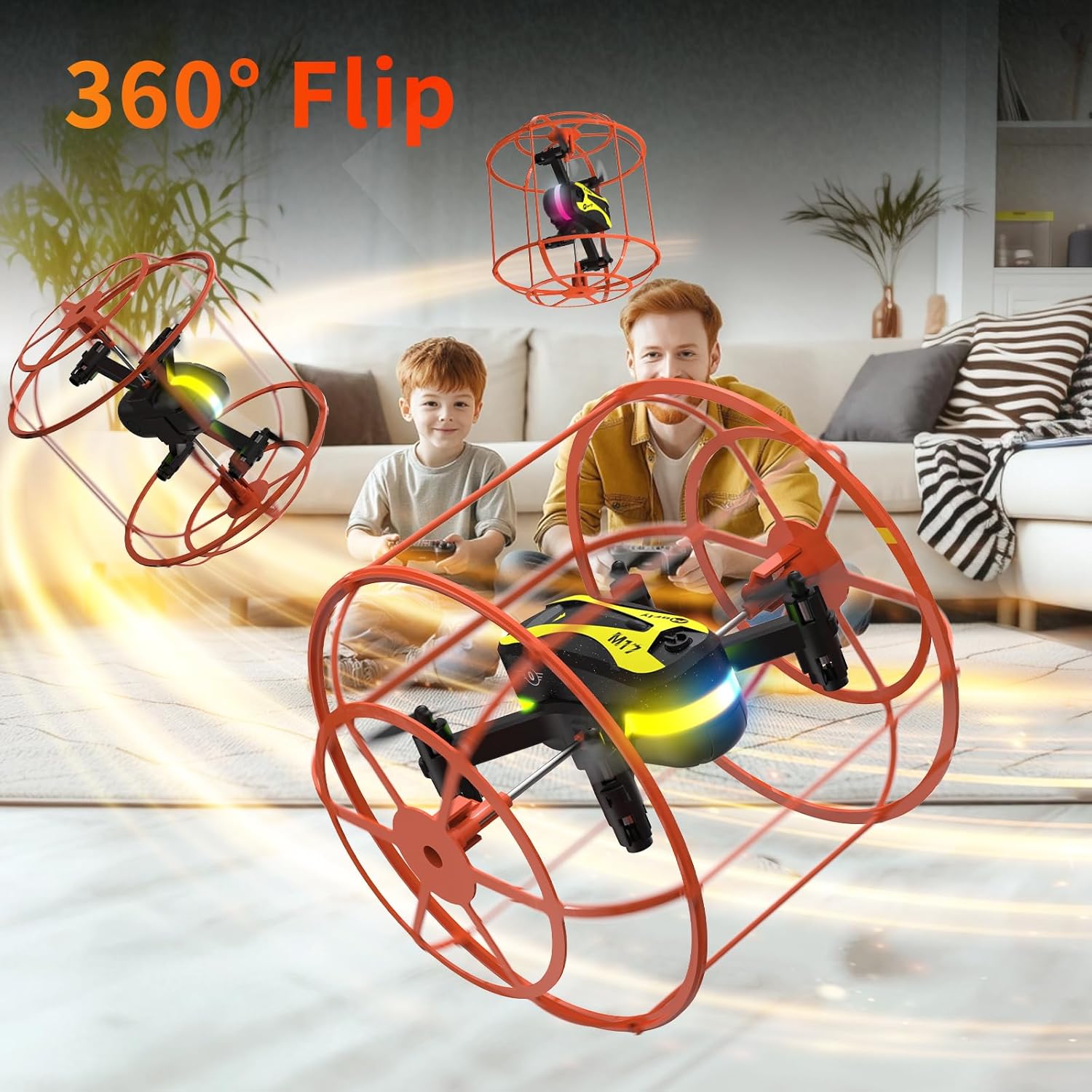 M17 Mini Drone performing a 360-degree flip in an indoor setting