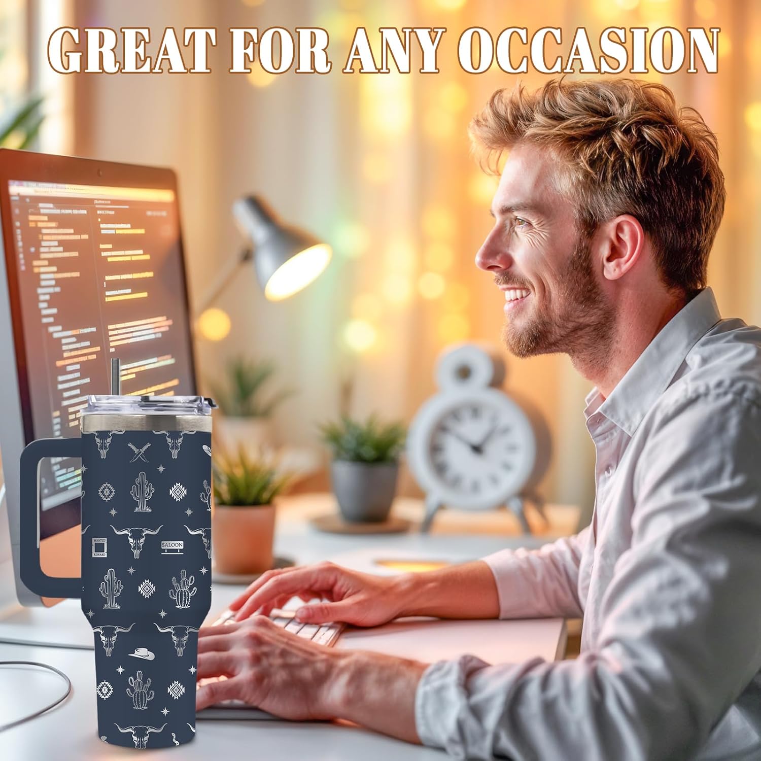 DUUV Western Gifts for Cowboy, Engraved Sheep Head Tumbler for Men, Cow Tumbler for Cowboy Western Lovers, Birthday Gifts for Christmas Thanksgiving, 40 Oz Tumbler with Handle, 1PCS - Image 7