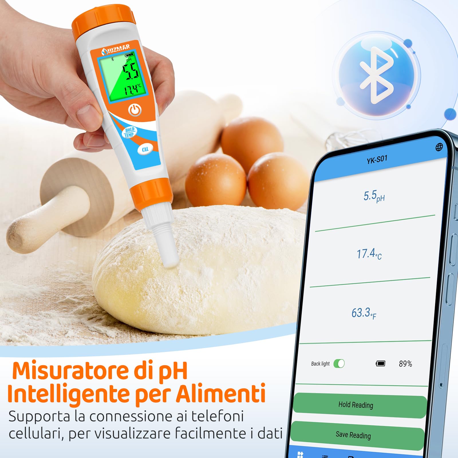 UIUZMAR pHMetro per Alimenti Intelligente, Misuratore di pH per Lievito Madre, Piaccametro per Alimenti, pH Metro per Impasti e Liquidi, Cibo, Cosmetici, Carne, Birra, Piscina, Acquario