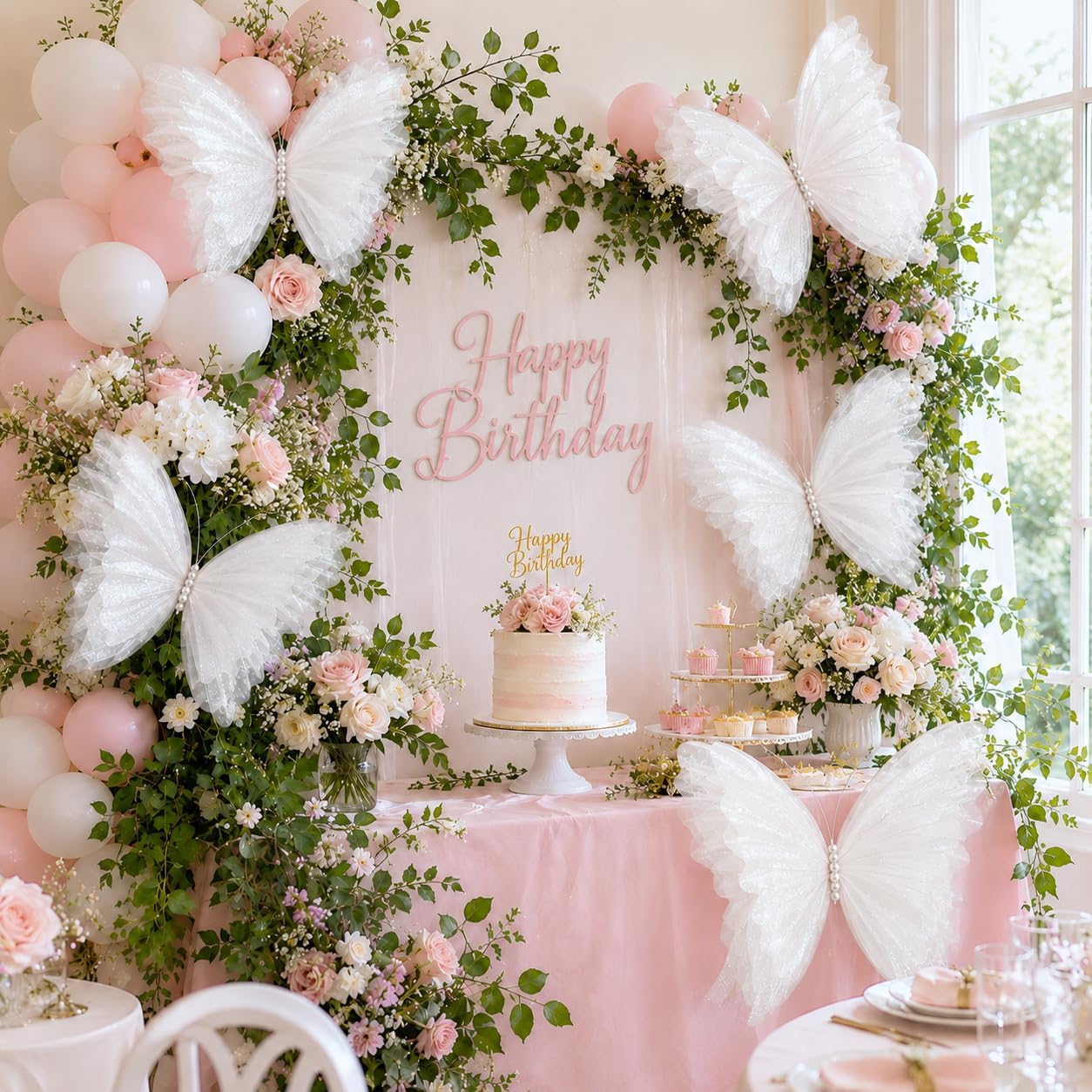 8 Pcs Large Butterfly Decorations, 3D White Silk Butterflies Wall Decor, 20 Inch Big and 12 Inch Small Hanging Butterflies for Wedding, Baby Shower, Birthday Party, Nursery and Centerpieces