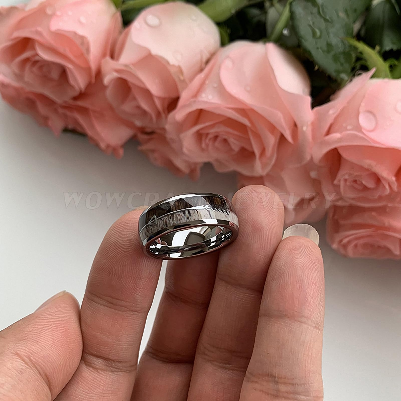 Men Women Tungsten Carbide Rings Deer Antler Wood Arrow Inlay Wedding Bands Comfort Fit Jewelry Silver 9.5