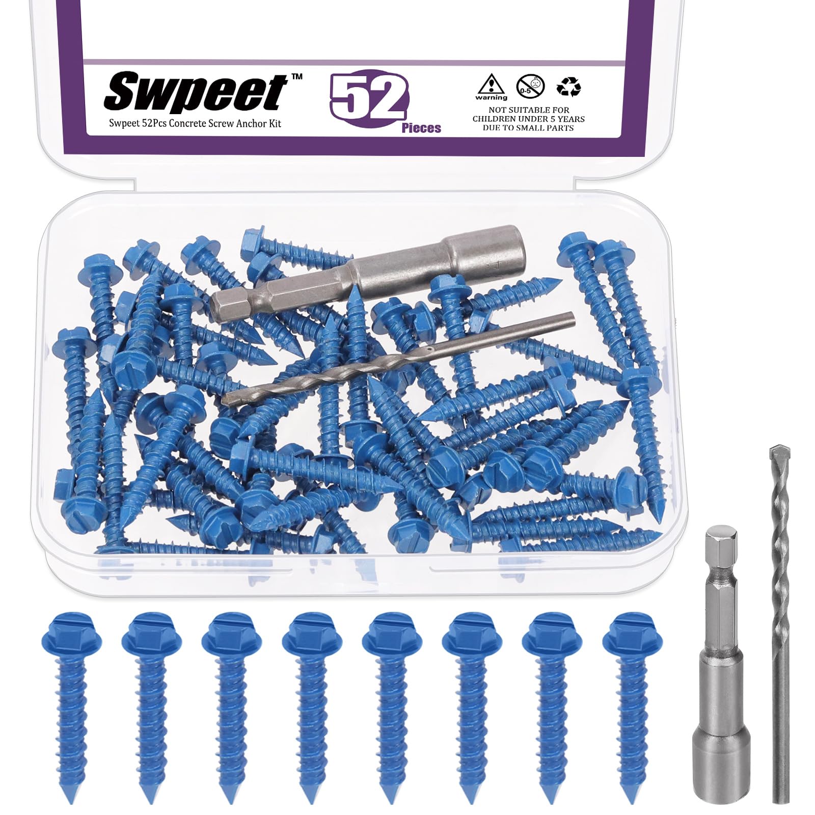 Swpeet 52 pezzi 3/16" x 1-1/4" viti per calcestruzzo a testa rondella esagonale scanalata con inserto esagonale e punta da trapano, kit assortimento, viti autofilettanti per cemento per ancoraggio su
