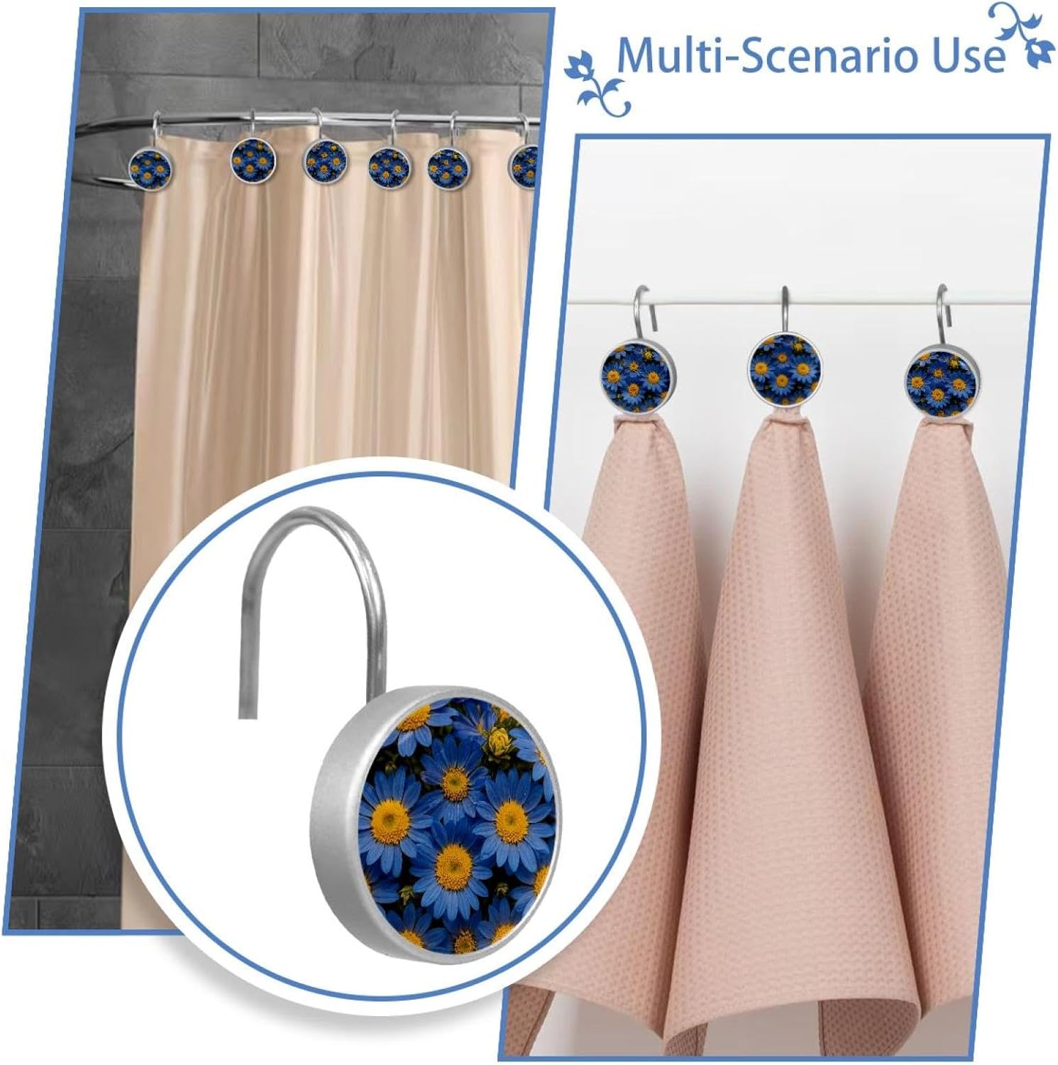 12PCS Blue Flower and Yellow Floral (3) Shower Curtain Hooks Metal Rust Resistant Decorative Shower Curtain Hooks Bathroom Decorations