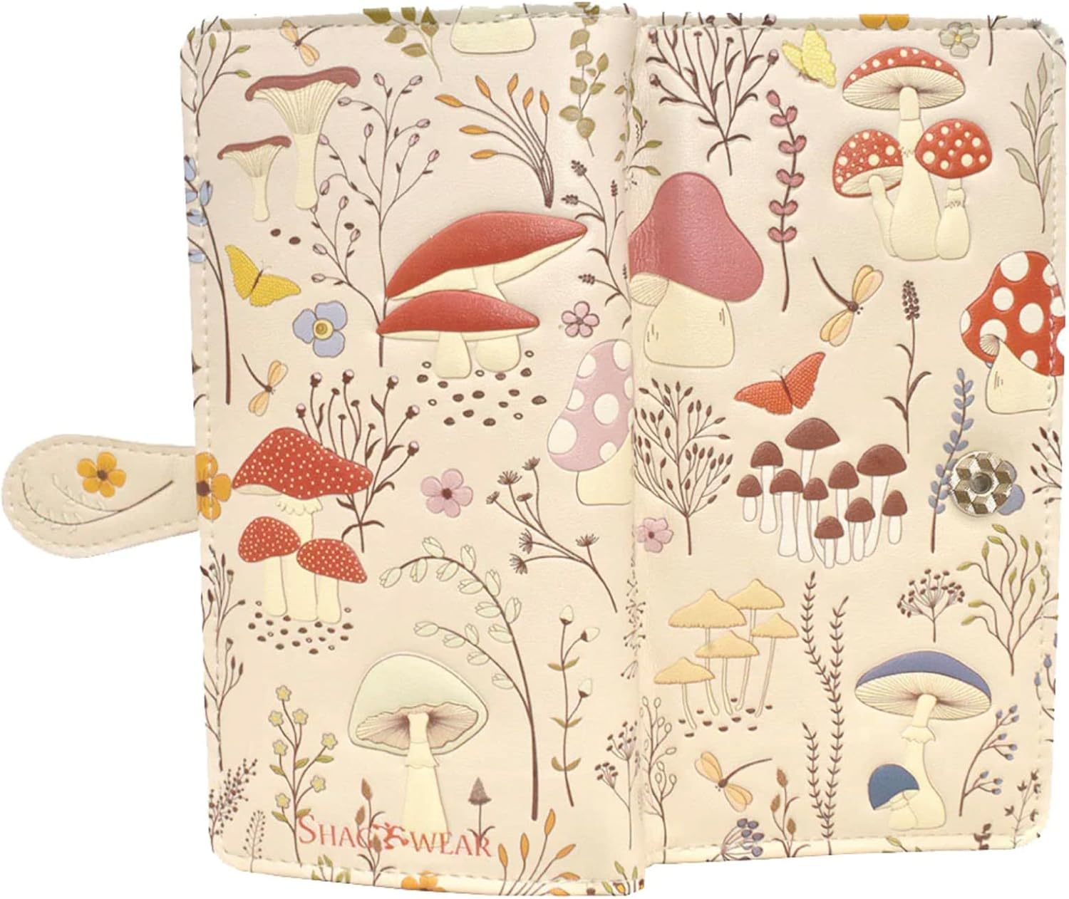 Shag Wear Mushroom Forest Large Nature Wallet for Women and Teen Girls Vegan Faux Leather Beige 7"