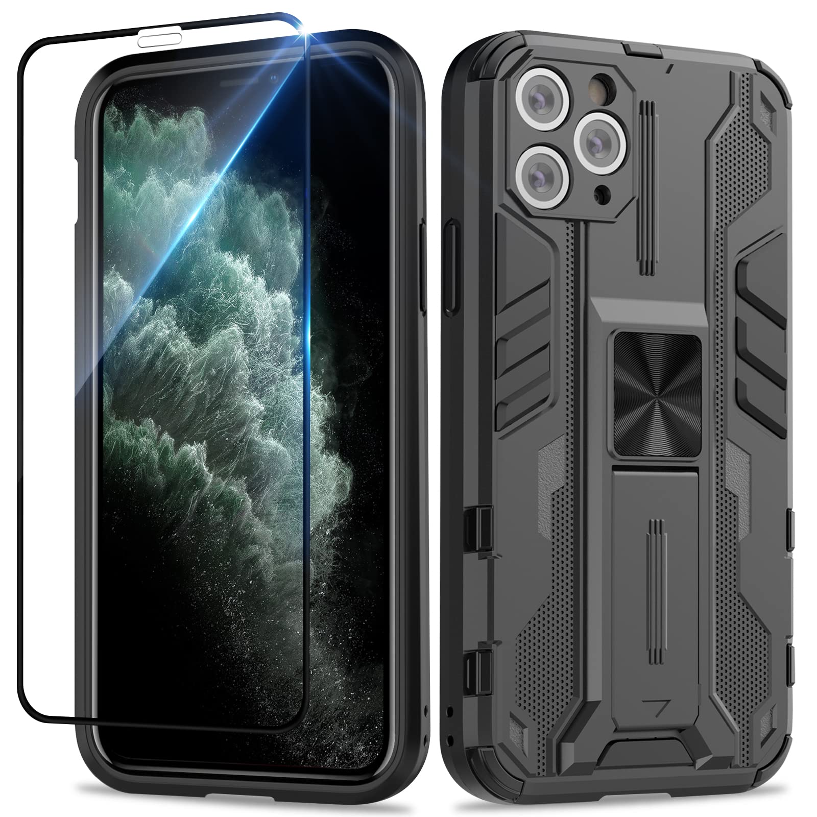 Funda para iPhone 11 Pro con Cristal Templado Protector Pantalla, Carcasa Protectora Antigolpes con Soporte Reforzado- Negro