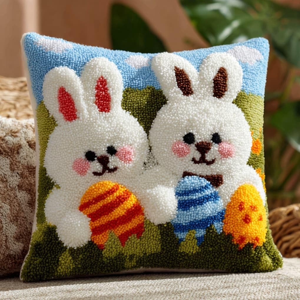 WallustrioaW Latch Hook Pillow Kits Cushion,Rabbits and Easter Eggs,Printed Pillowcase Sofa Hooking Pillows Crafts Embroidery Latch Hooking Crochet Kits,17x17in