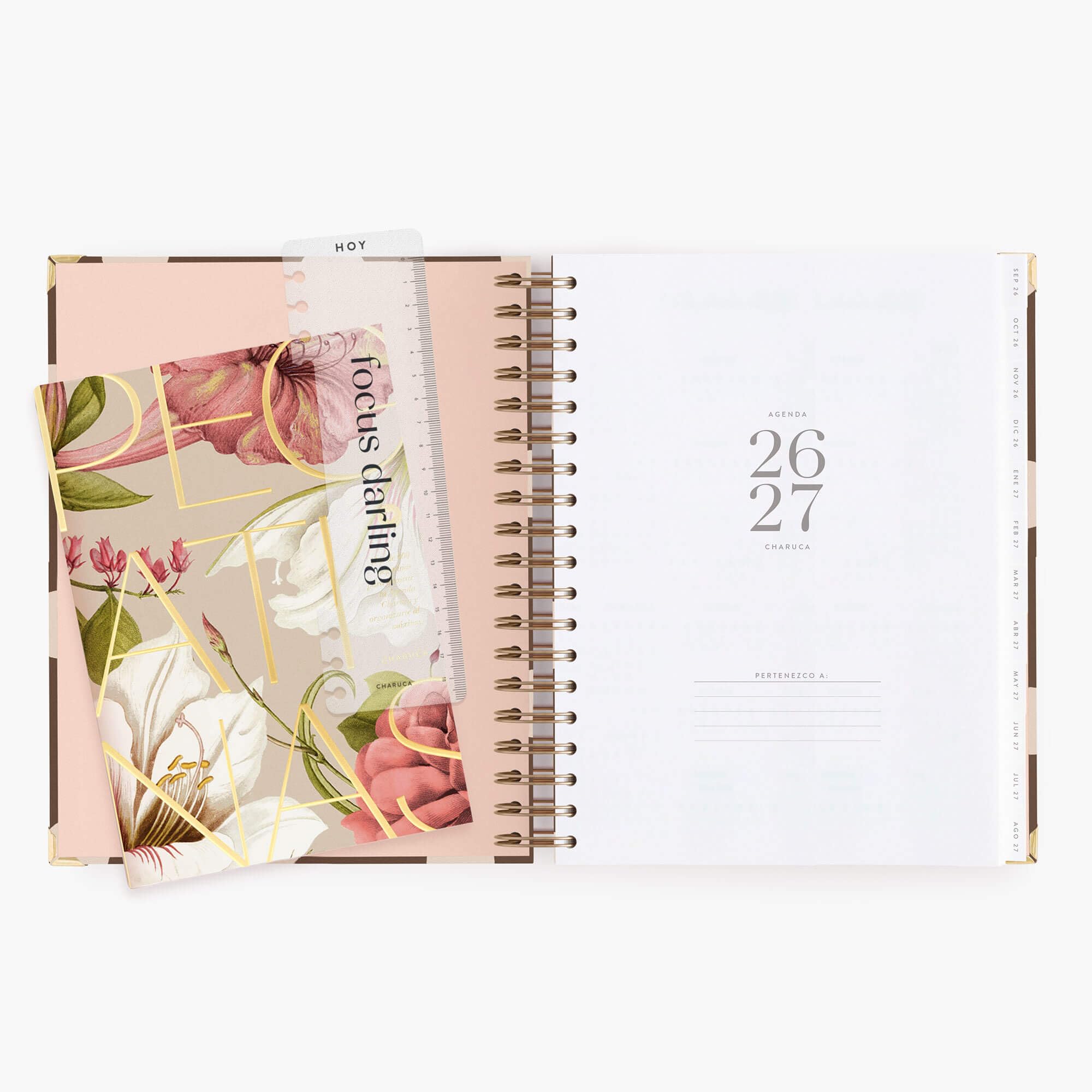 Agenda Charuca 26-27 Académica VISTA DIARIA - Tapa Dura con Detalles Dorados, Tamaño GRANDE - Incluye BOLSA de Tela PROTECTORA y Marcapáginas - Hecho en España. (CHOCOLATE LOVE)