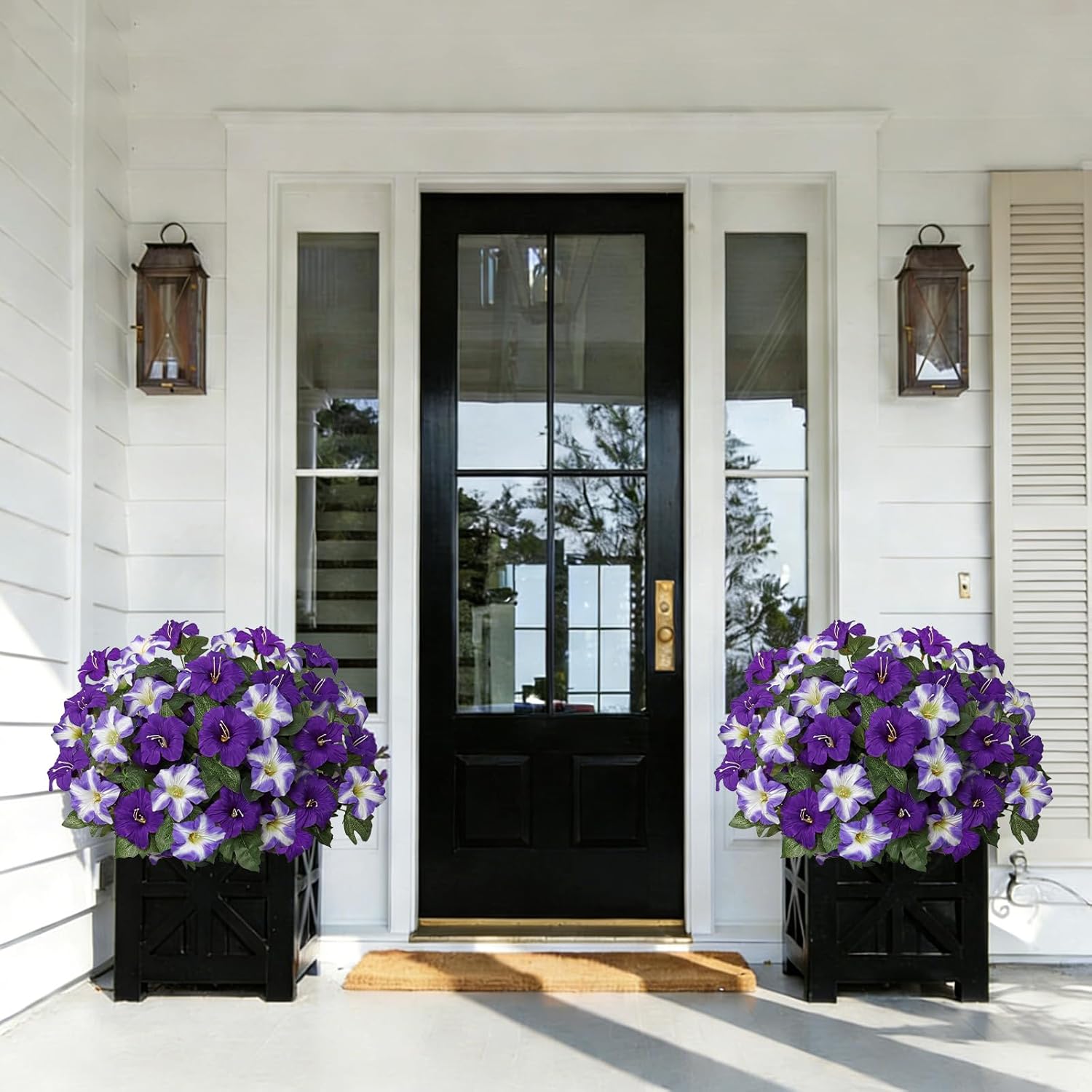 4 Bundles 20.5 inch Long Stem Artificial Flowers for Outdoor, UV Resistant Morning Glory Flower Faux Petunias Fake Flowers for Outdoor Planter Garden Porch Home Indoor Decor (Double Purple)