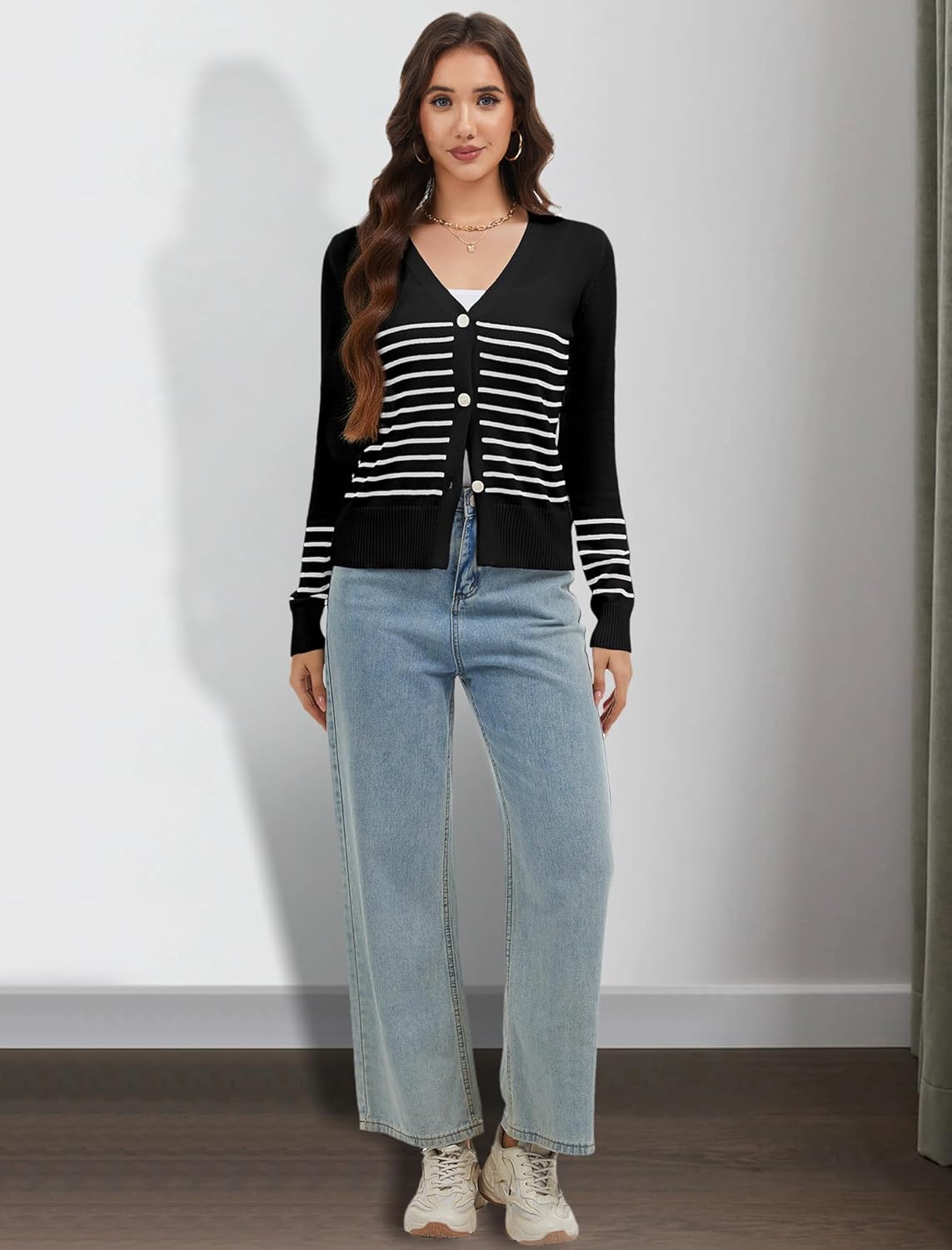 Women Striped Cardigan Sweaters Button Down V Neck Open Front Long Sleeve Knit Sweater Fall Trendy Lightweight Coat - Image 6