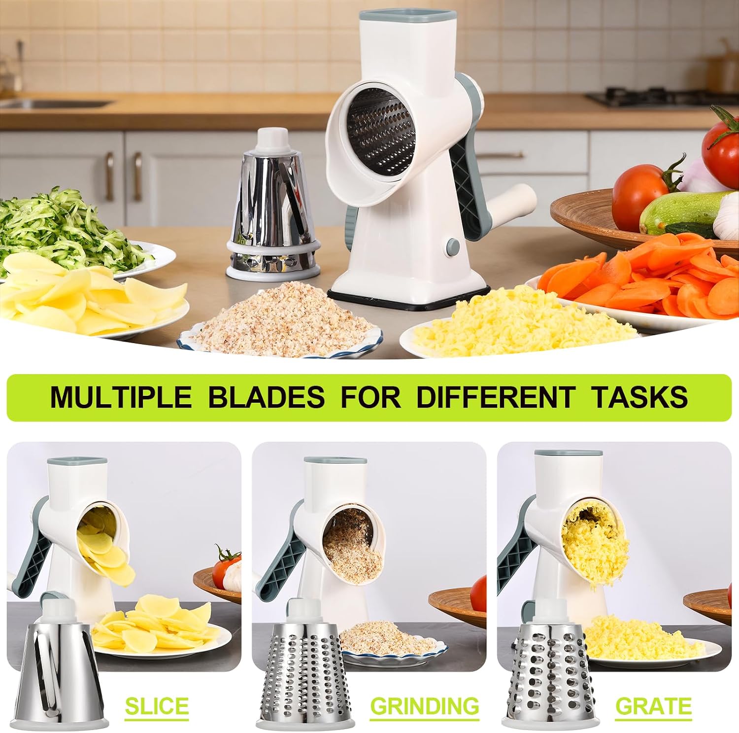 Rotary Cheese Grater, 3 Stainless Steel Blades