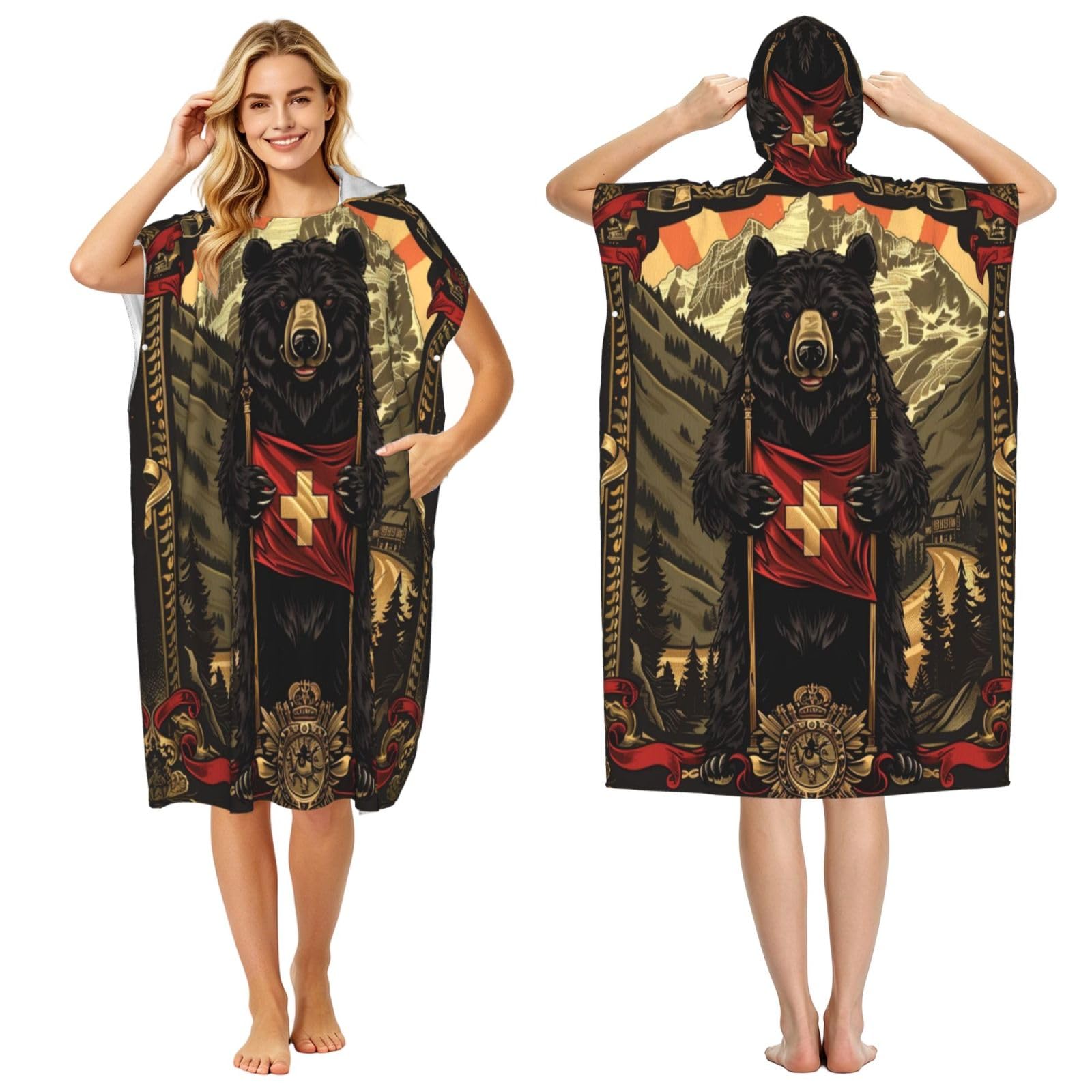KLGRTJHK Bern State Flag Adult Hooded Beach Poncho Towel 43"X35"