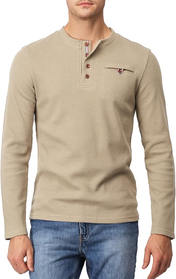 H2H Men's Casual Slim Fit Henley Cotton Shirts Long Sleeve Lightweight Waffle Fabric