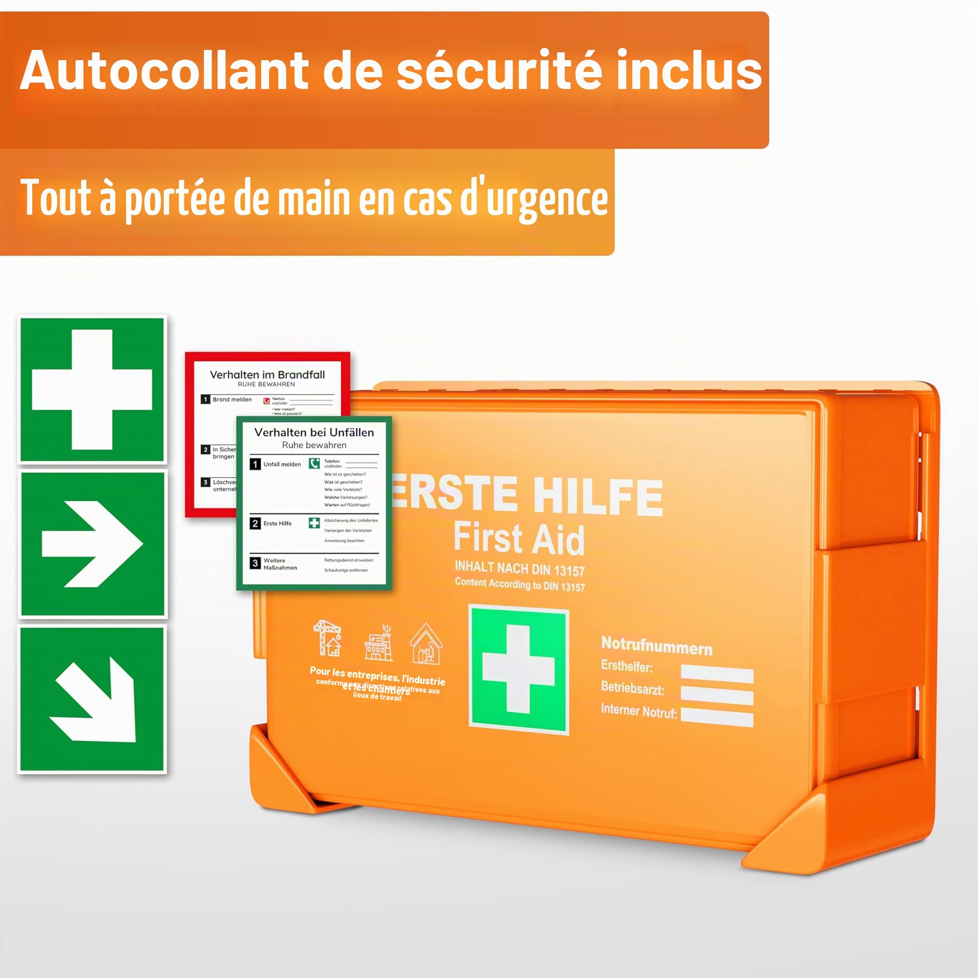 HELDENWERK Kit de premiers secours selon la nouvelle norme DIN 13157:2021 avec support mural et autocollants | Sac de premiers secours universel pour entreprise, ménage ou restauration - Trousse de