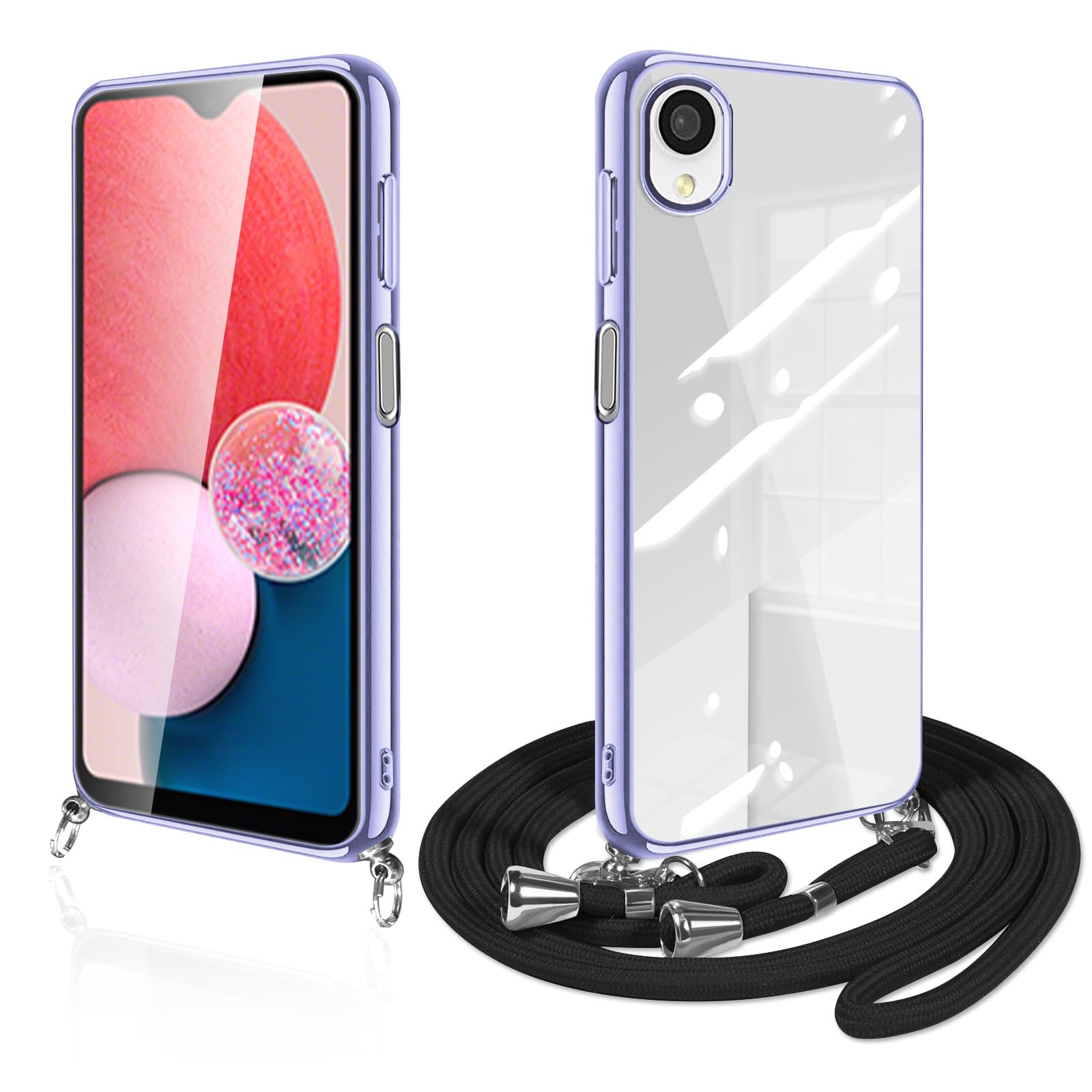 Galaxy A23 5G ケース クリア ショルダー SC-56C SCG18 スマホケース 透明 TPU カバー ストラップ付き 肩掛け 首掛け 紐付き 斜めがけ 薄型 耐衝撃 シリコン メッキ加工(ライトパープル)