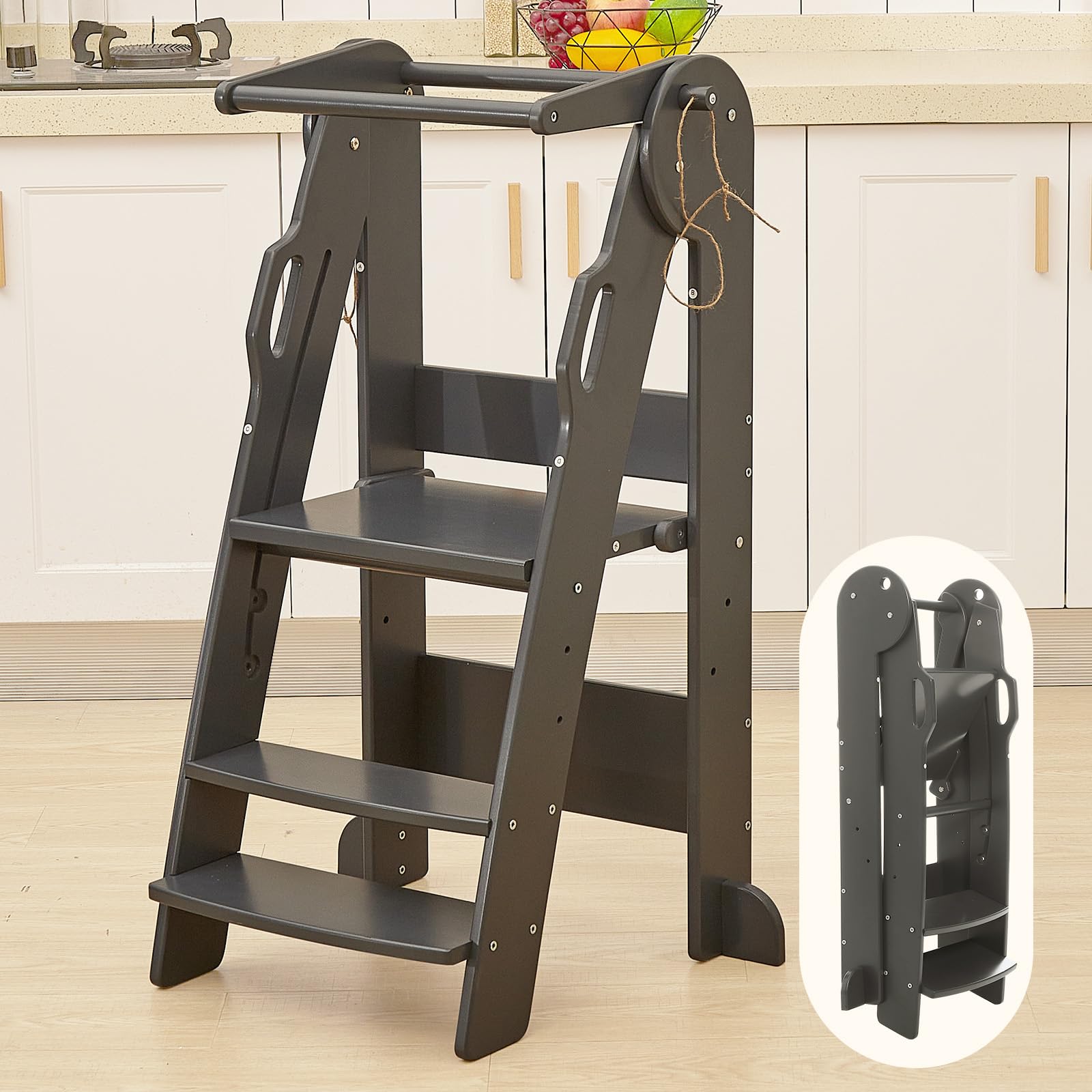 Photo 1 of FUNLIO Foldable Kitchen Step Stool for Kids 2-6 Years, 3-Level Height Adjustable Toddler Tower with Safety Rails, Montessori Child Standing Tower for Learning, Easy to Assemble, CPC Approved - Grey Gray