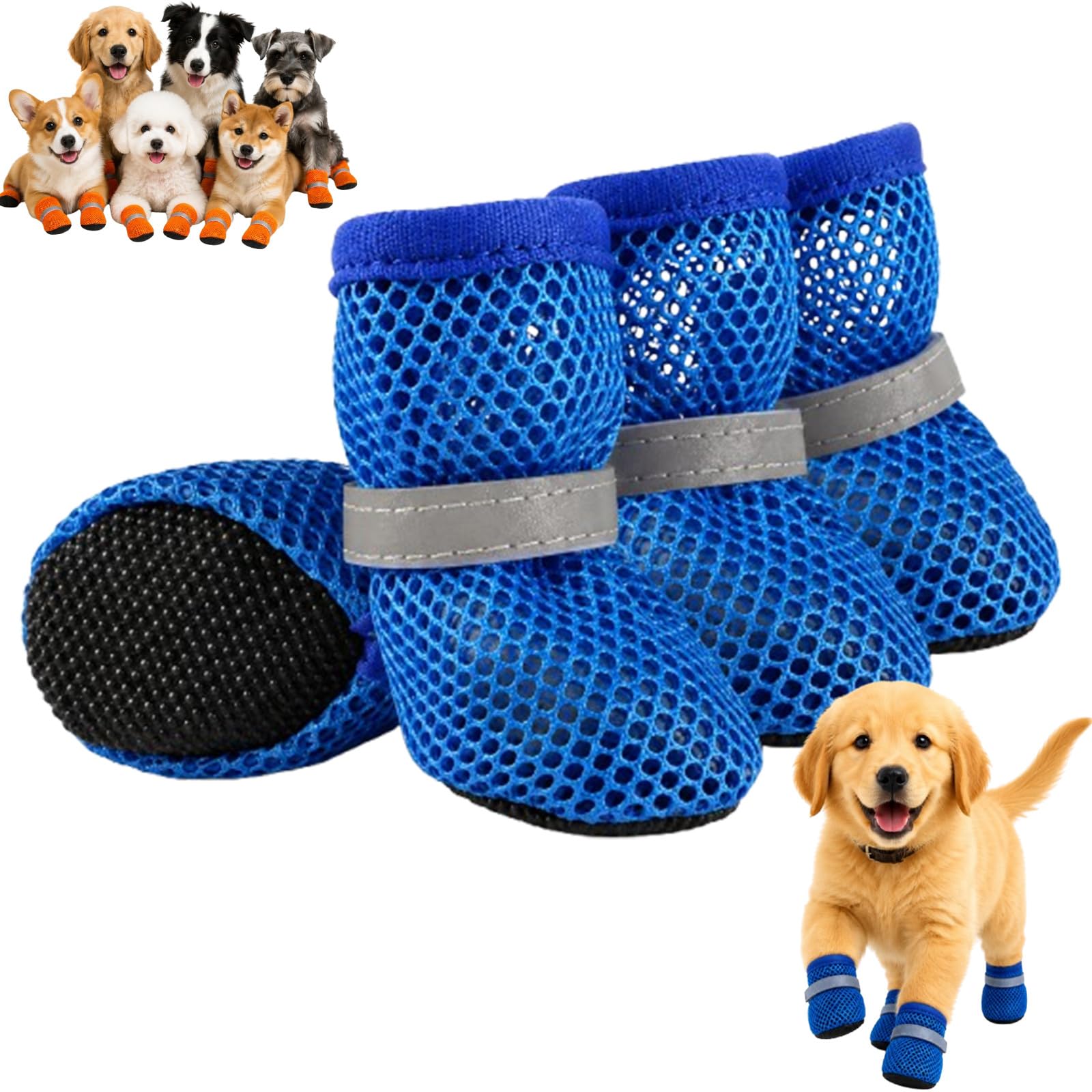 Summer Mesh Dog Shoes, Light Dog Boots, Breathable Mesh Upper, Anti Slip Sole, Reflective Straps, Paw Protection Fit，Blue：M