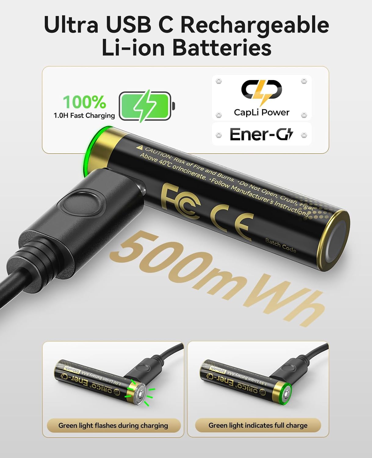 ORICO Battery Charger with USB-C AAA Lithium Batteries(8 Pack, 1.5V), Recharge up to 1500+ Cycles, 2.5H Fast Charger, Li-Ion Batteries Suitable for Remote Control, Electronic Toys