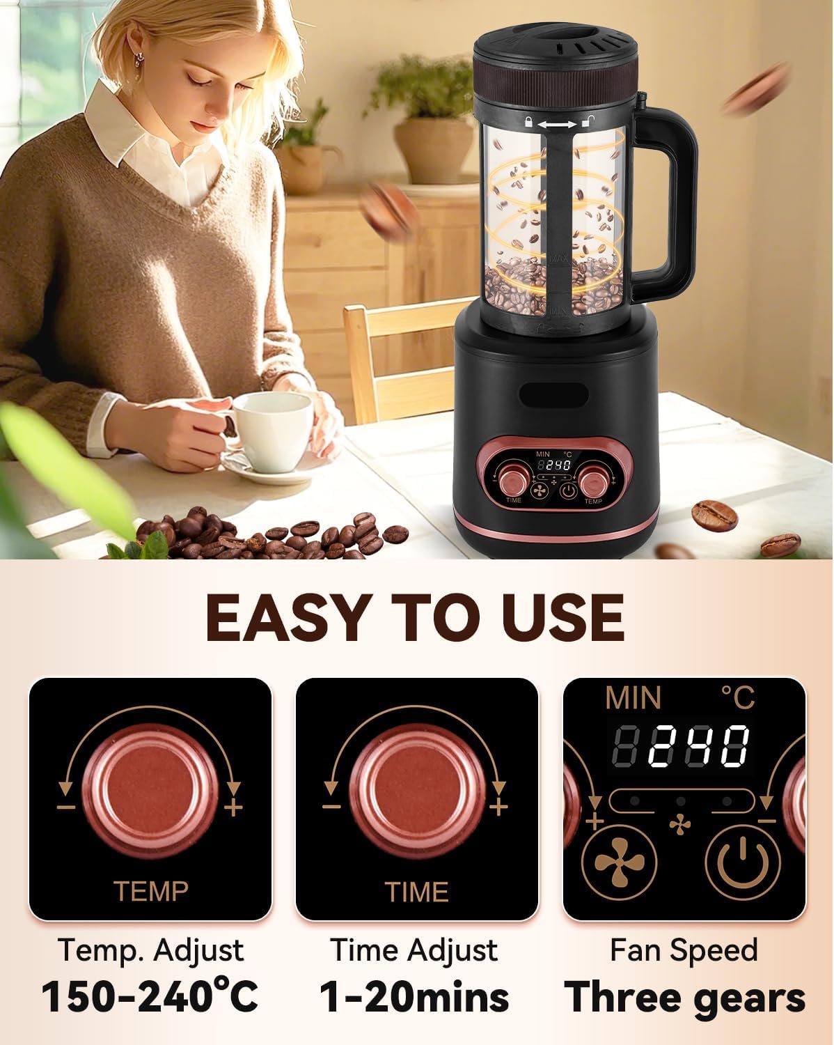 YUCHENGTECH Torréfacteur Café à Air Chaud 100g 2000W | Torréfacteur de Café Torréfacteur de Grain de Café Température et Durée Réglables avec Fonction de Refroidissement