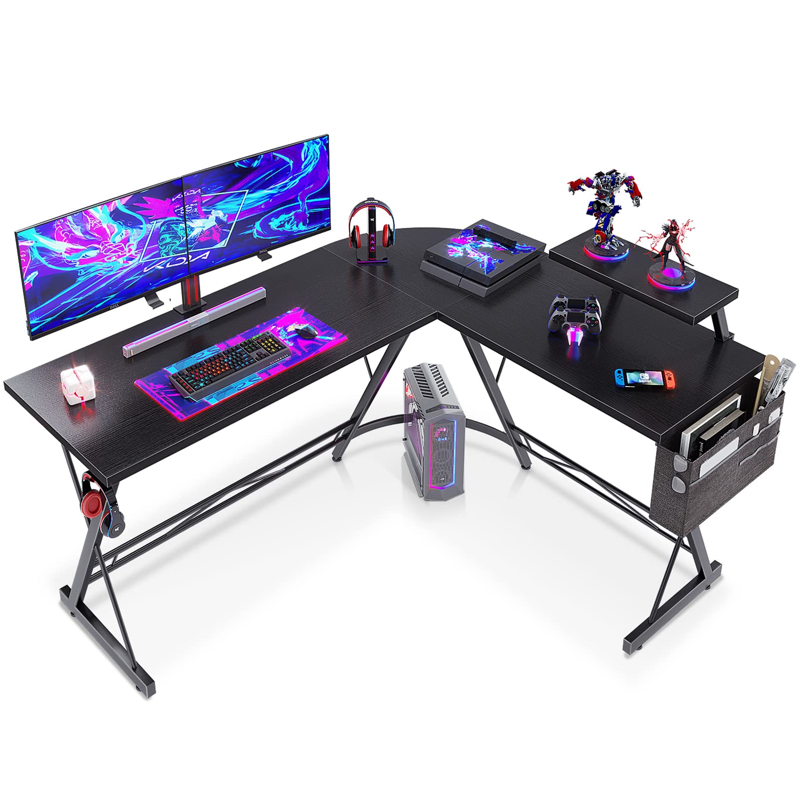 ODK Escritorio esquinero Forma de L con Esquinas Redondas, con Mesa para Gaming con Estante para Monitor y Mesa para Ordenador, en Color Negro clásico y con Unas Medidas de 147 x 120 cm.