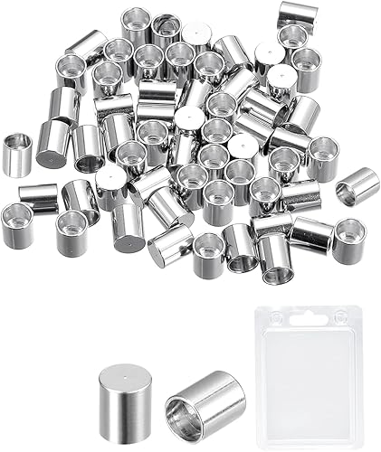 Miniatura 8 de uxcell 60 extremos de cordón de acero inoxidable, columna de identificación de 0.157 pulgadas (0.157 in), tapas de cordón de cuero para hacer