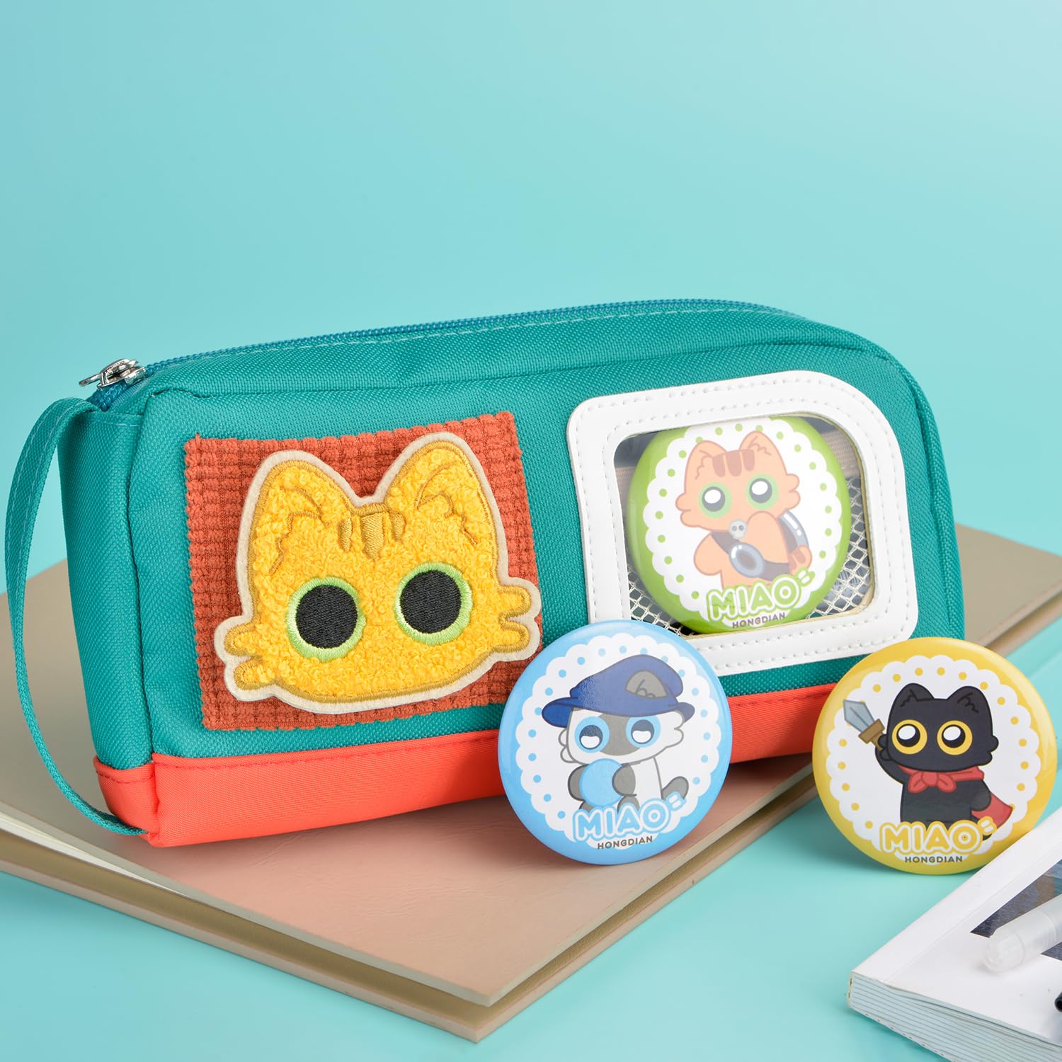 Cute Cat Pencil Case Large Capacity Pencil Case for Teens Girls Boys with Magic Sticker and Decorative Badges Green - Image 2