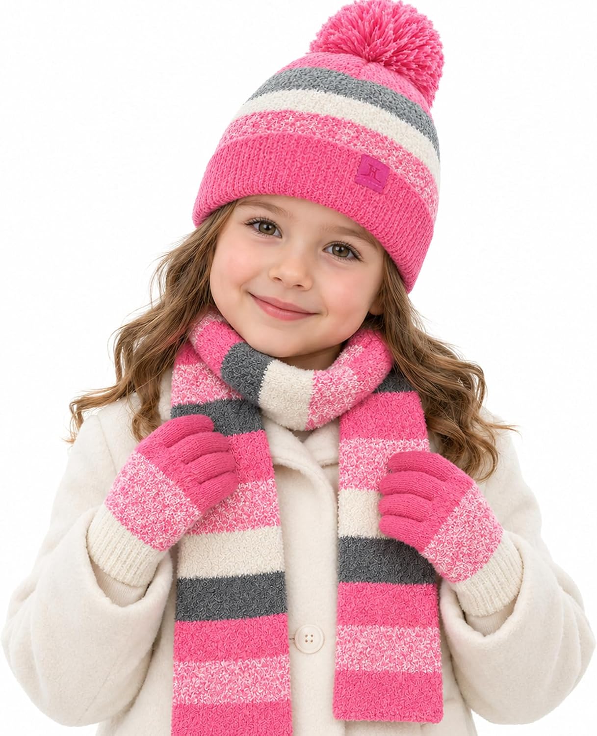 Girls Winter Hat Scarf Gloves Set, Toddler Beanie and Kids Winter Gloves for Ages 2-7