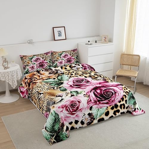Miniatura 3 de Juego de edredón de leopardo para niñas y niños, edredón con estampado floral de flores, decorativo, lindo juego de ropa de cama con estampado de