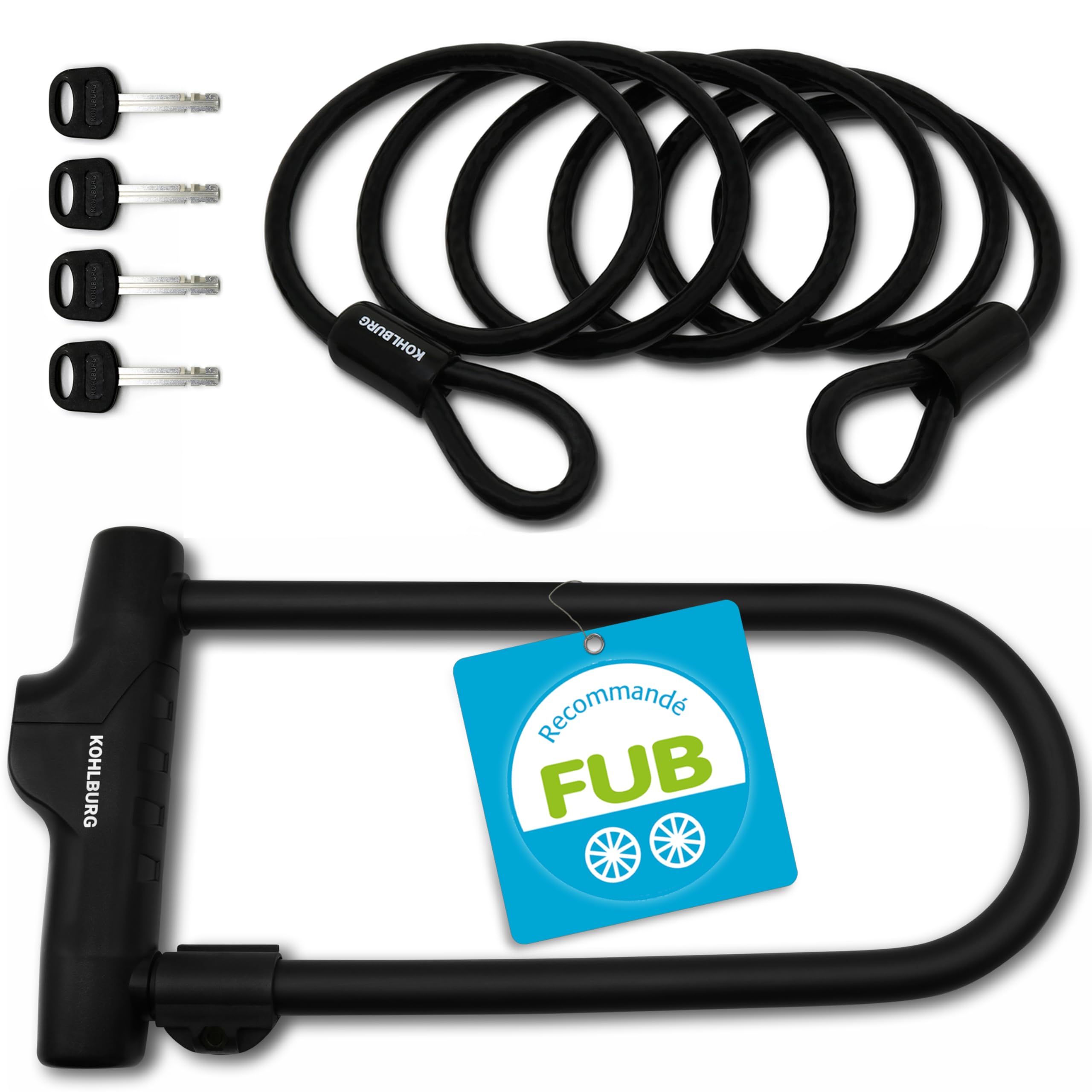 KOHLBURG Antivol en U, FUB 2 Roues - Avec Câble de 170 cm, 4 clés, support | Sold Secure Diamond, Sécurité maximale 15/15, Grand format pour vélo électrique & bicyclette, Serrure vélo et U‑Lock Bike