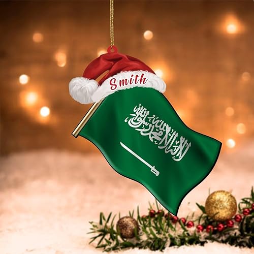 Miniatura 6 de CowkissSign Adornos acrílicos de Arabia Saudita para decoraciones de Navidad, bandera de Arabia Saudita con sombrero de Santa personalizado, adornos