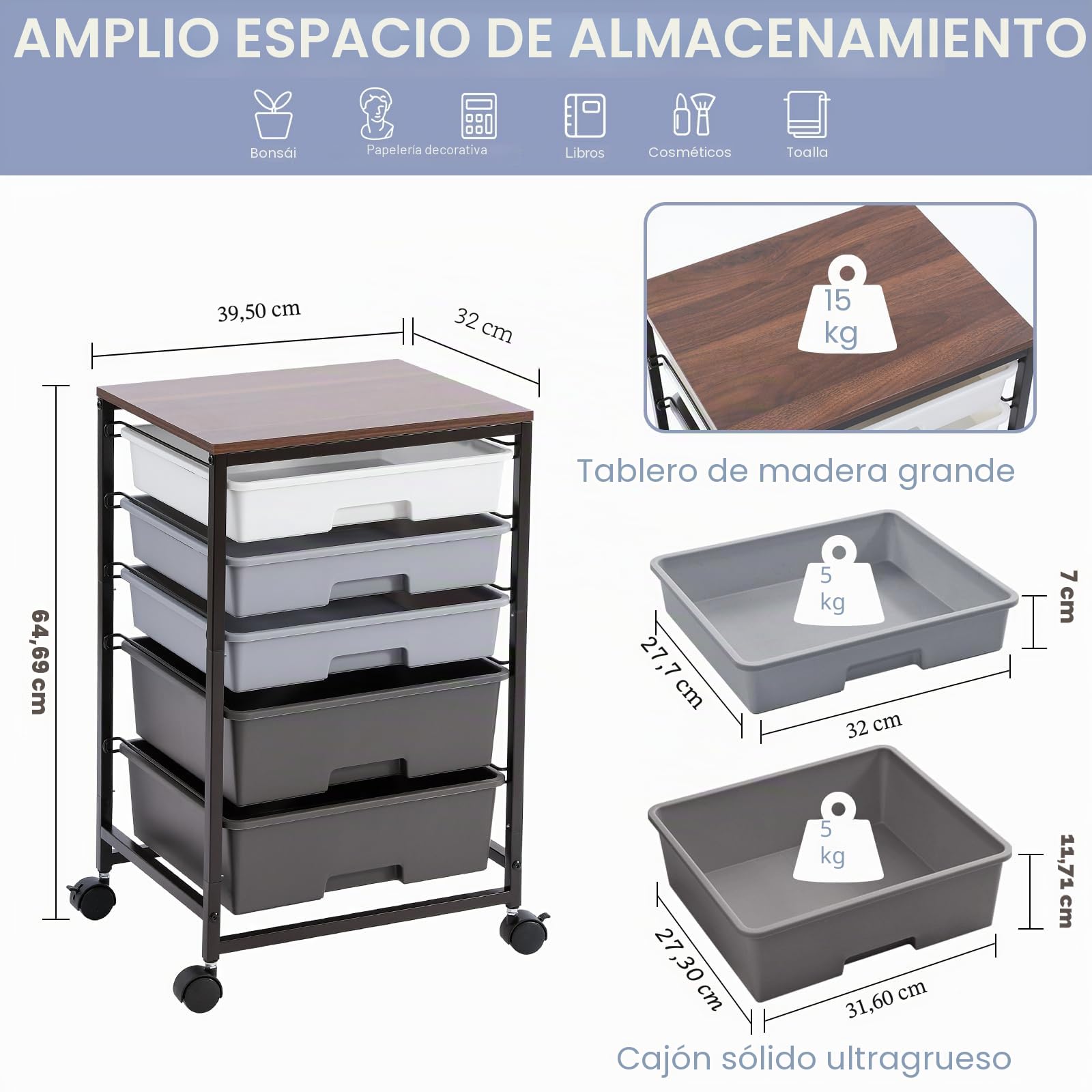 SYKIARIOL Carro de rodillos con 5 cajones para baño, carro de cocina con ruedas con tablero de madera, carro con ruedas para cocina, sala de estar, dormitorio, oficina, color gris