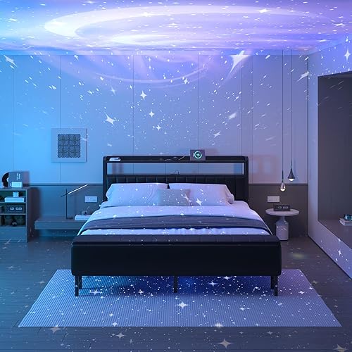 King Size Bed Frame with Star Projector and Charging Station, Two Grey Nightstands and Upholstered Headboard with Storage, No Box Spring Required, Black