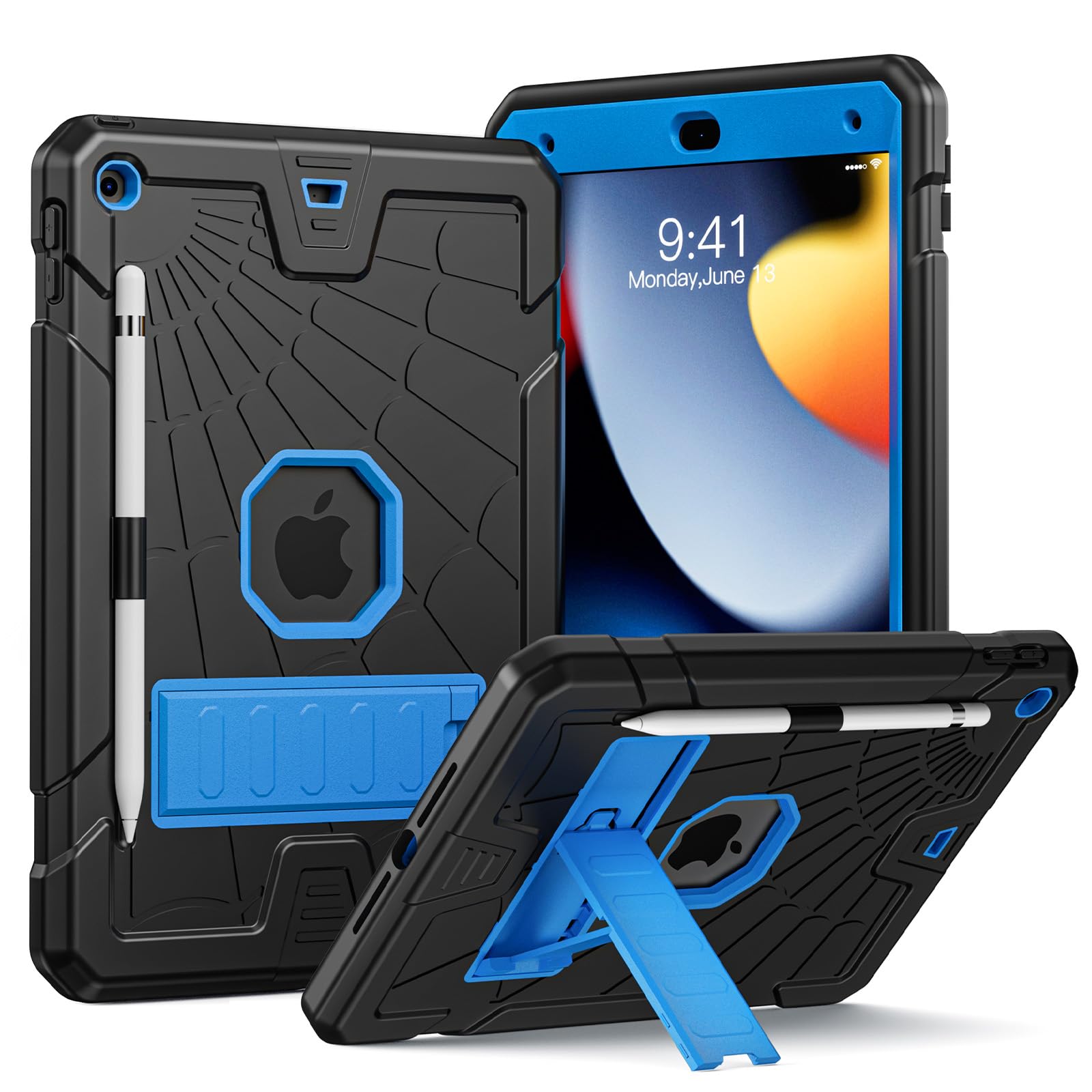 Case for iPad 9th Generation with Stand & Pencil Holder, Protective Case for iPad 10.2 Inch Cover 2019 2020 2021 | Heavy Hard Shockproof Case for iPad iPad 9th 8th 7th | Black&Blue