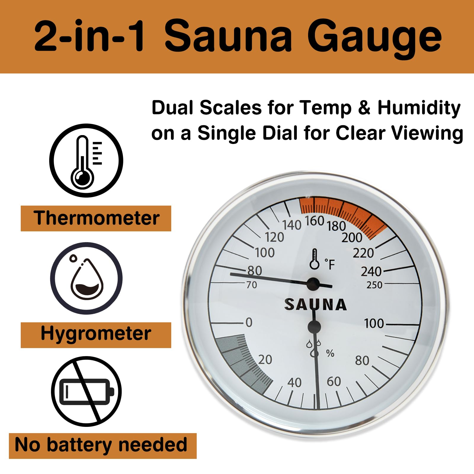 Termometr i higrometr 2 w 1 (Fahrenheit) do sauny, 21,1-121,1°C i 0-100% RH, akcesoria do sauny, wskaźnik temperatury sauny