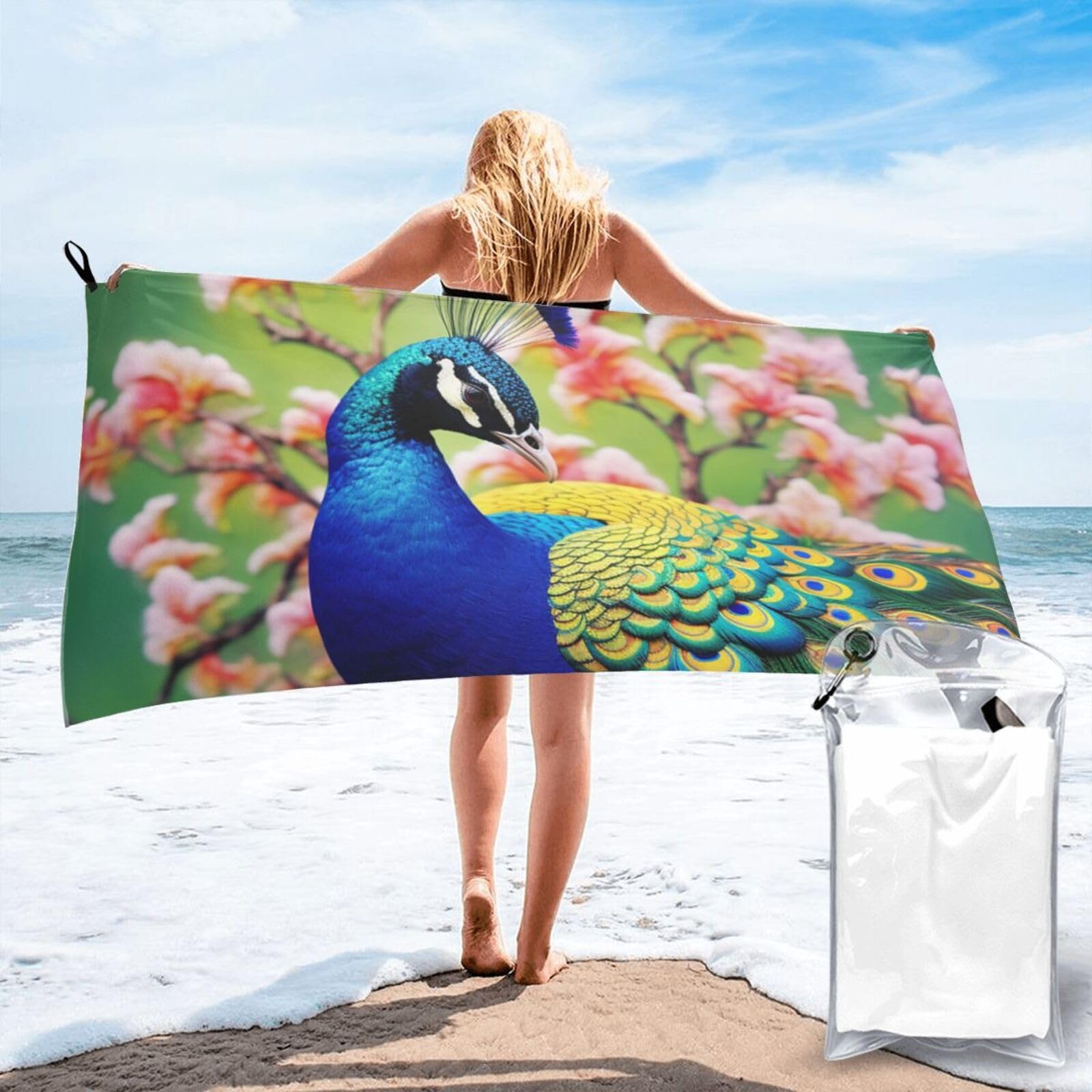 DWVTSLH Microfiber Sand Free Beach Towel 27.5"x55", Quick Dry Absorbent Travel Towel Large Camping Blanket, Peacock Bath Towels Lightweight Pool Swim Towels for Vacation Essentials
